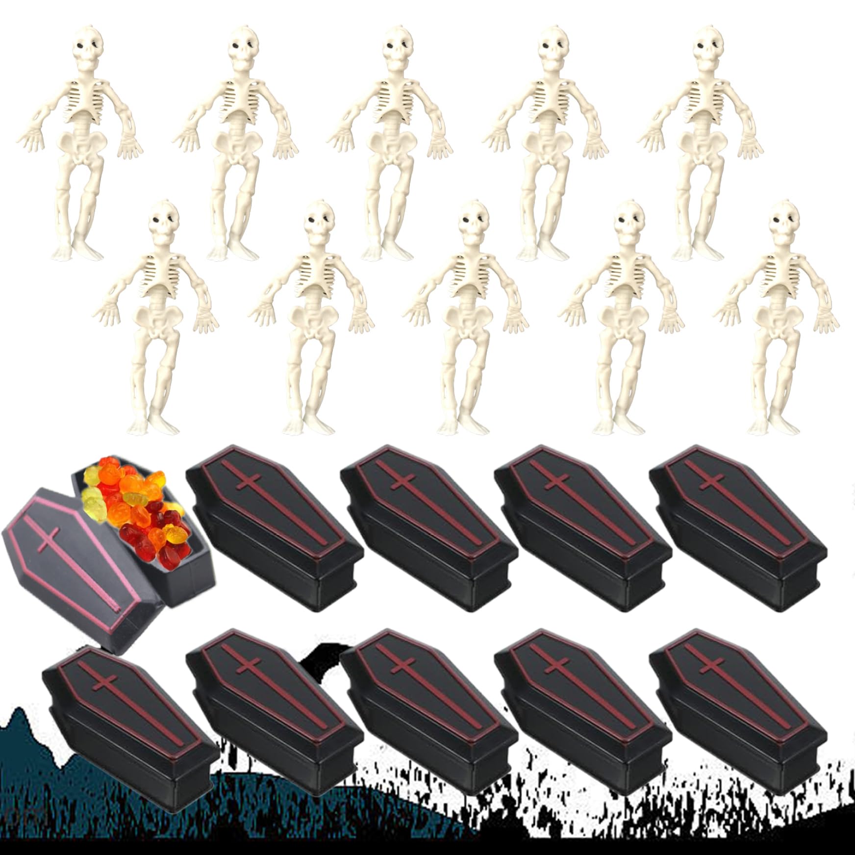 CNAFGBGG 10Pcs Coffin Box with Mini Skeleton, 3in Halloween Prop.