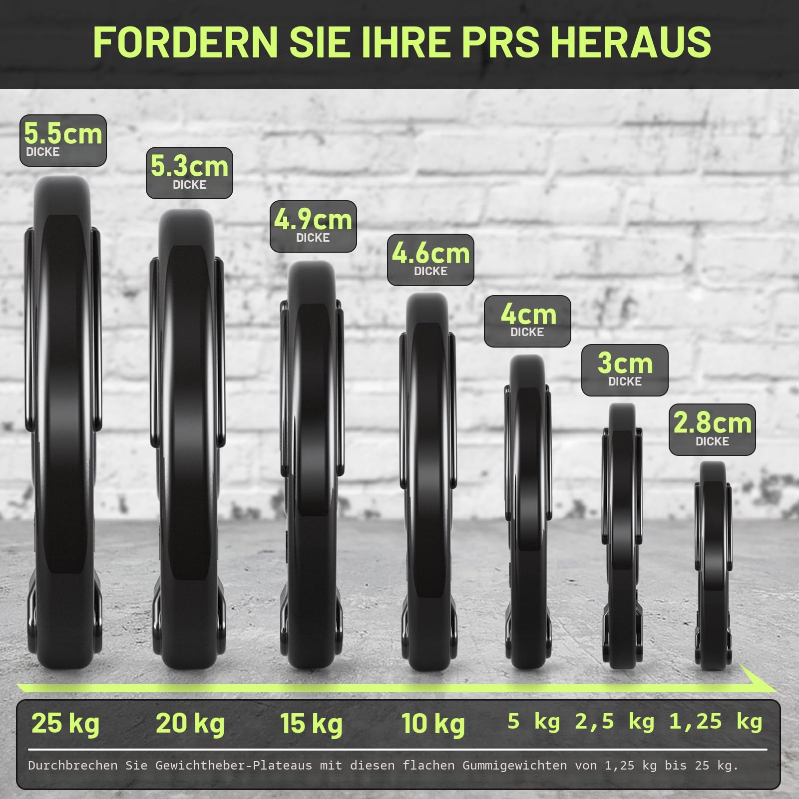 PhysKcal Olympische Hantelscheiben | Ø50 mm Bohrung | Hochwertiges Gummi-Finish | Hantelscheiben für Krafttraining | Robuste Gusseisen-Kern Gewichte Set für Langhantel - 1,25-25kg