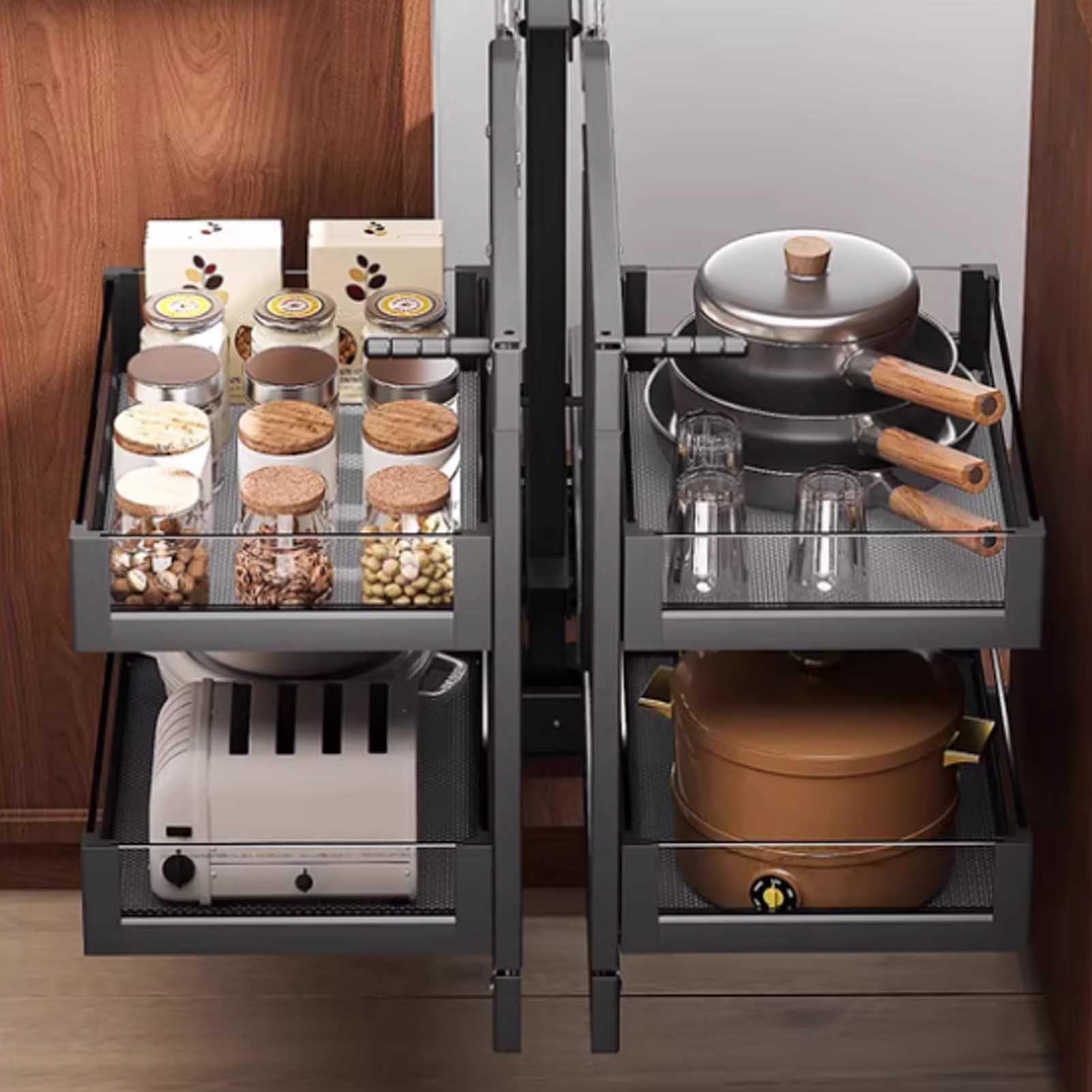 Scaffale angolare estraibile per armadio da cucina, con 4 cestelli sinistro e destro, armadi da 61-64 cm, cassetti scorrevoli in metallo