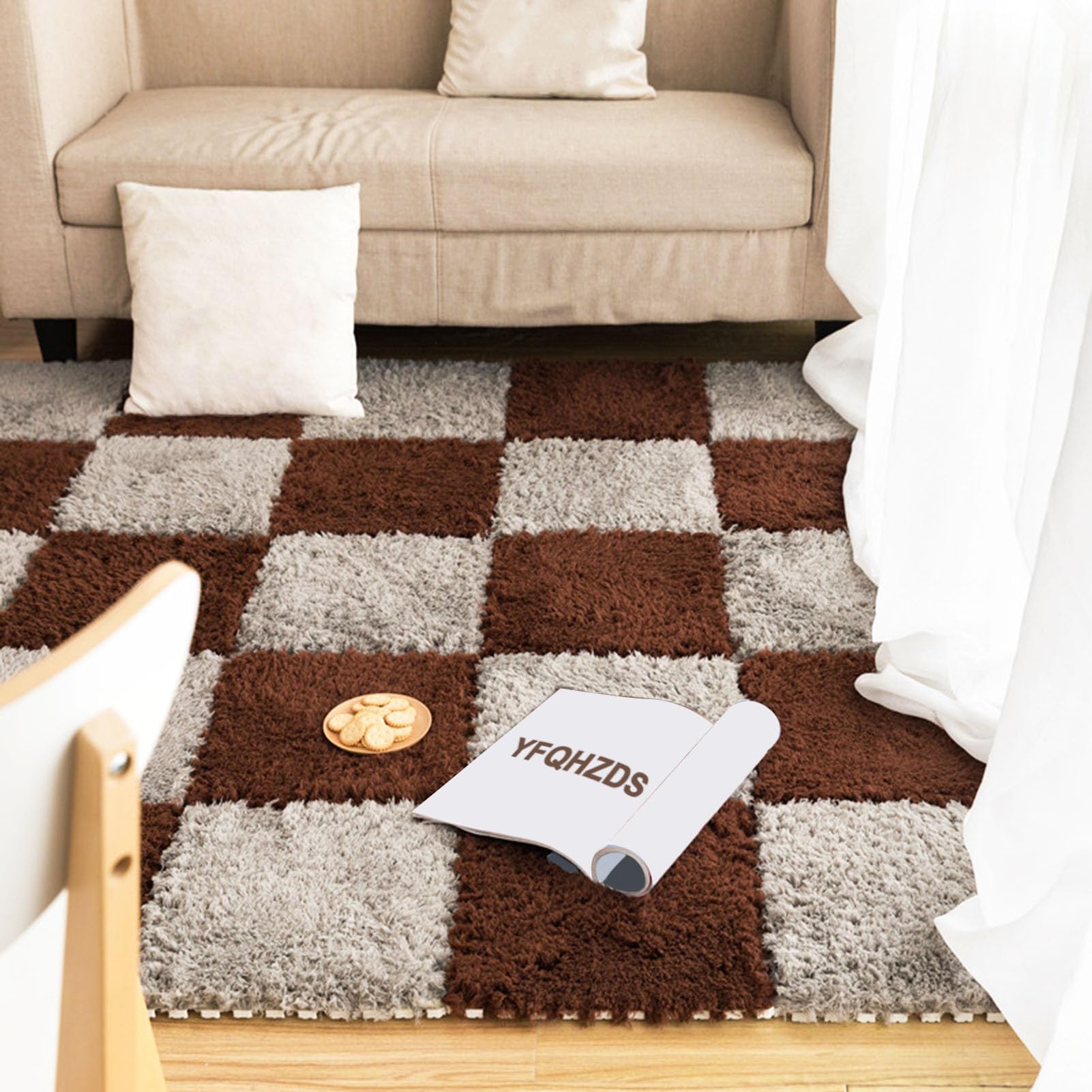 Generisch 40 Stück weiche Schaumstoff-Bodenmatten, ineinandergreifende Plüsch-Teppichfliesen, gemütliche Spielmatte für das Wohnzimmer, 12 x 12 x 0,4 Zoll, Flauschige Puzzlematten in Kaffee und Grau