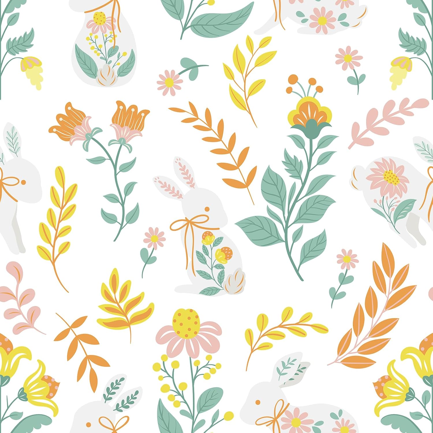 VaryStyle Boho Bunny Floral Wallpaper Cute Rabbit Floral Peel and Stick Wallpaper for Nursery Girls Bedroom Removable Self Adhesive Fairy Animal Print Contact Paper for Dollhouse Cabinets 17.7"x118"