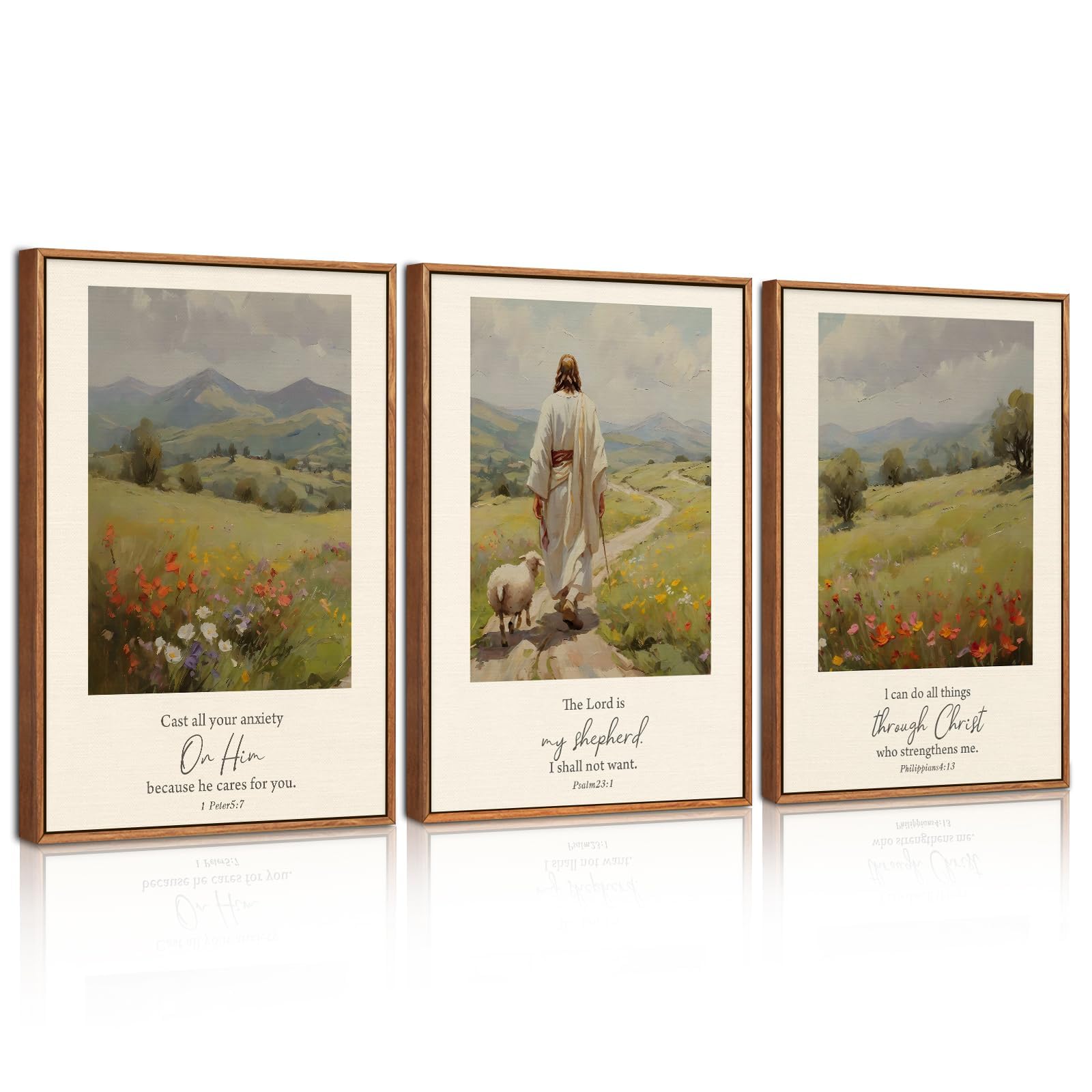 Celestdeco Christian Bible Verses Framed Wall Art,Vintage Jesus Inspirational Scripture Canvas Wall Decor,Religious Abstract Flowers Nature Landscape Gallery Decor for Home Office Bedroom 30x40cm