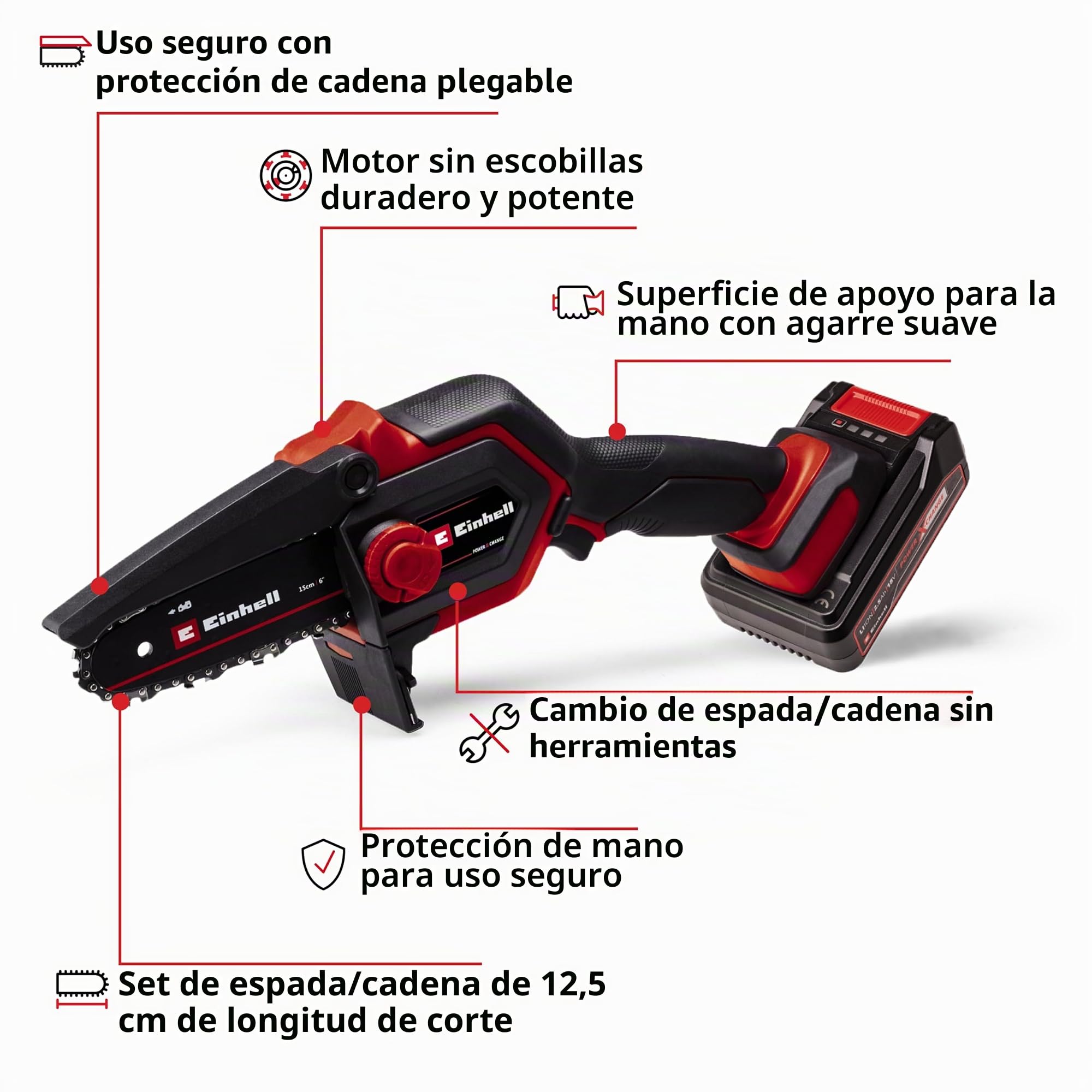 Einhell GE-PS 18/15 Li BL Kit Power X-Change - Sierra de podar inalámbrica (18 V, sin escobillas, longitud de corte de 12,5 cm, cambio de espada/cadena sin herramientas, incluye batería de 2,5 Ah