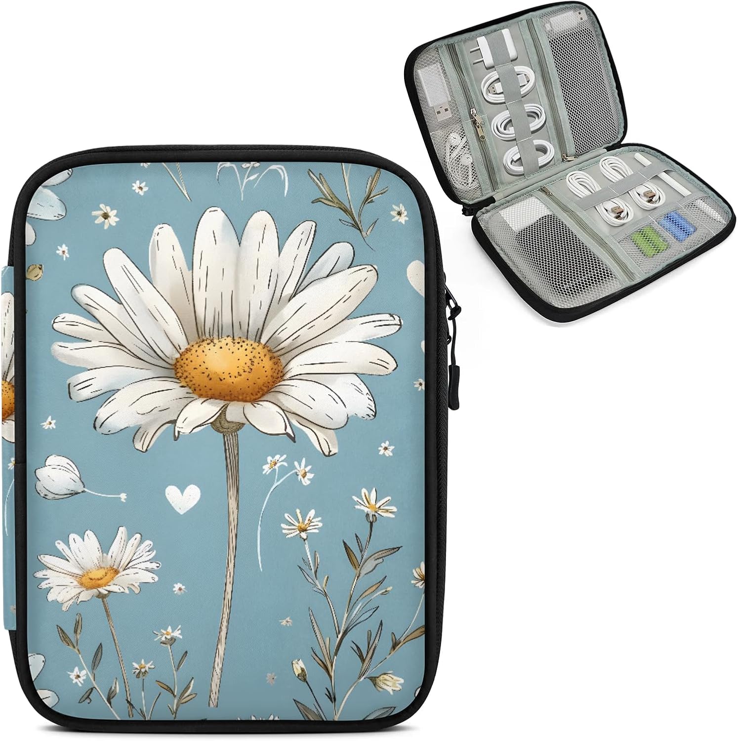 Daisy Floral Electronics Travel Organizer Case, Floral Plant Tech Organizer Pouch Cord Storage Bag for Phone, Cable, Charger, Accessories