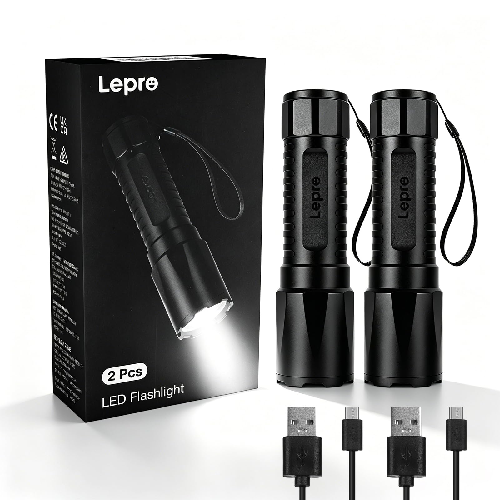 Lepro Camping Torch Rechargeable, Plastic Lightweight Flashlight, 2 Packs