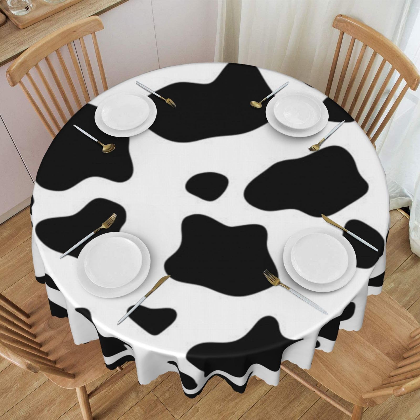 DCEHGEW 60 In Round Tablecloth with Lace, Black and White Cow Print Printed Oilproof & Washable Fabric Picnic Table Cloth Table Covers