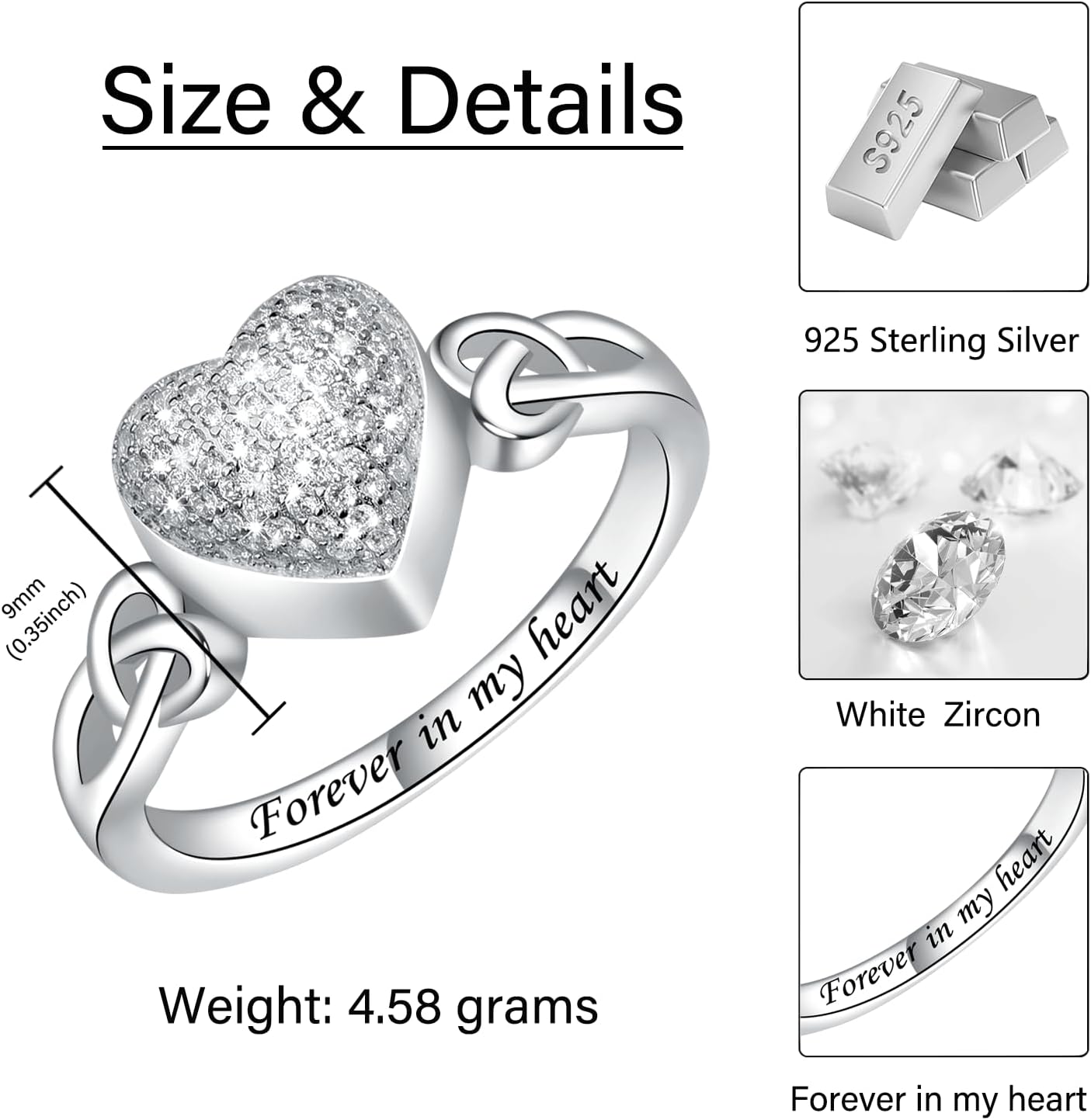 CZ Heart Cremation Ring for Ashes - 925 Sterling Silver Urn Keepsake Rings Memorial Jewelry for Women - Image 6