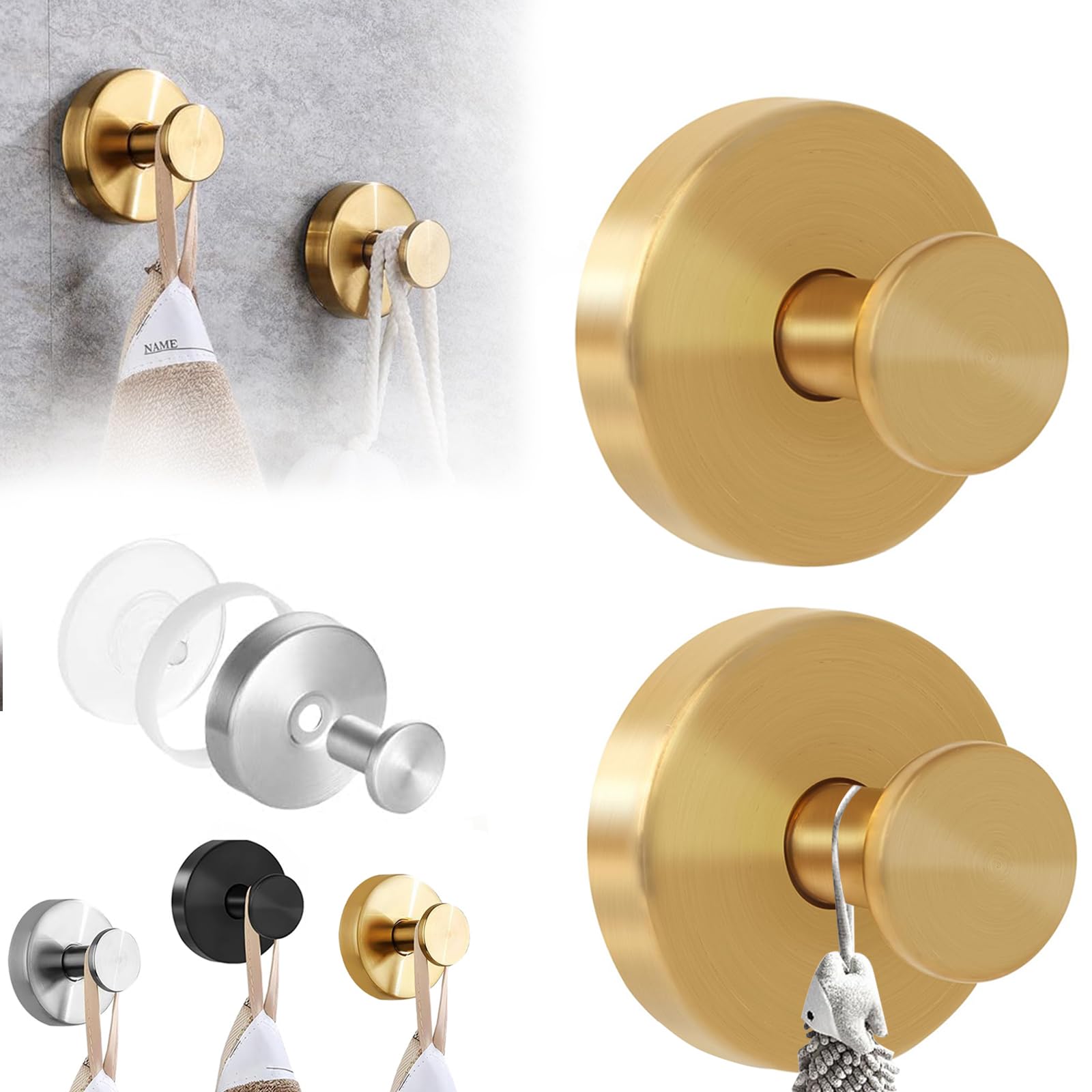 WEILONGB 2 Pcs Stainless Steel Gold Suction Hooks, No-Drill, Heavy Duty, 6.6lbs Max Load, Modern Design