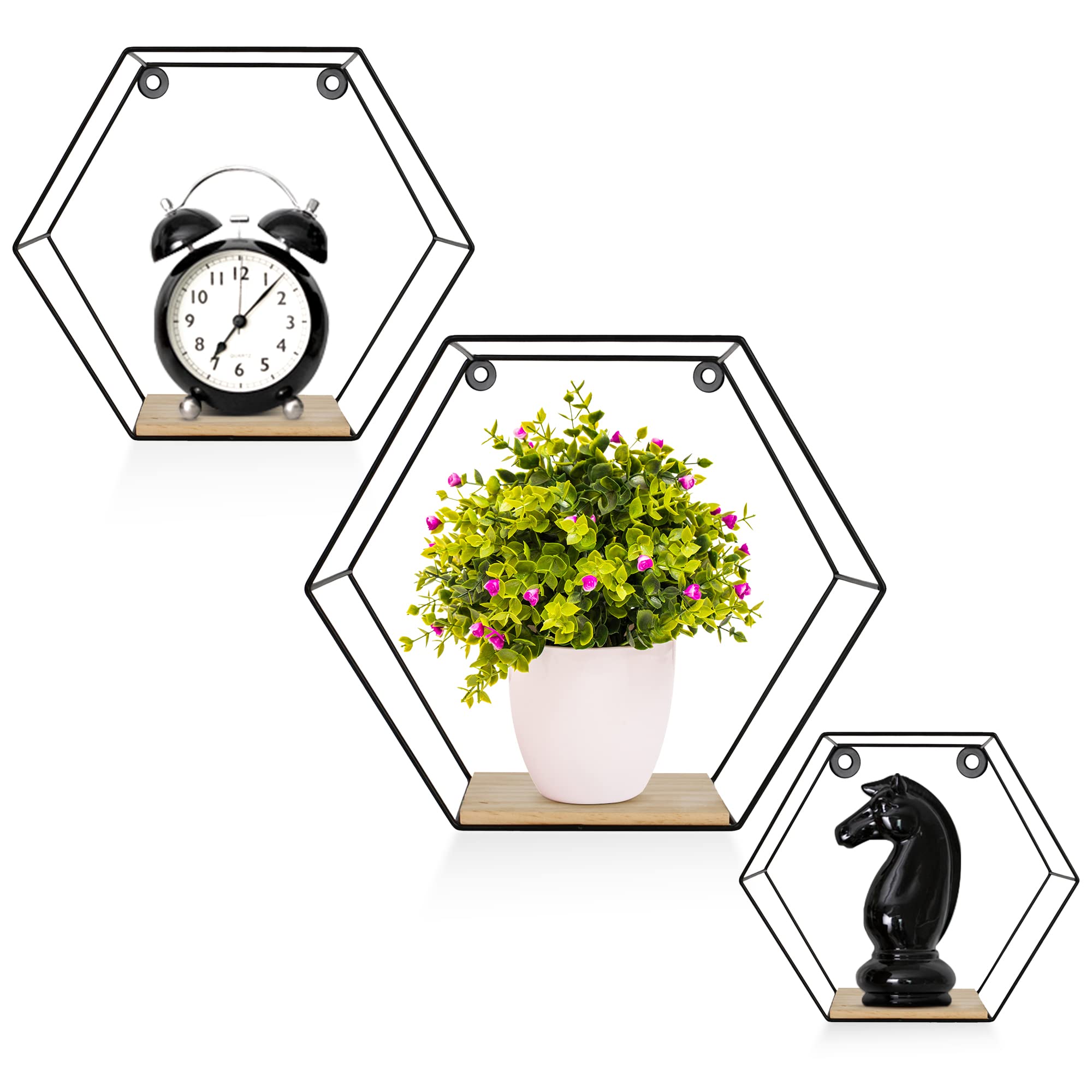 3-częściowy zestaw półek ściennych Hexagon, czarne metalowe półki wiszące z drewnianą półką, nowoczesna półka sześciokątna do salonu, sypialni, kuchni i biura, stabilne półki stalowe z śrubami i