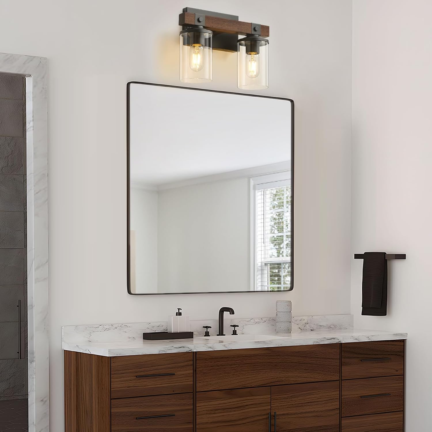 GoYeel Farmhouse Vanity Lights for Bathroom, Wooden Rustic Vanity Lighting fixtures 2-Light Bathroom Lights Over Mirror Vintage Wall Sconce Lighting with Clear Glass Shade for Bedroom Hallway