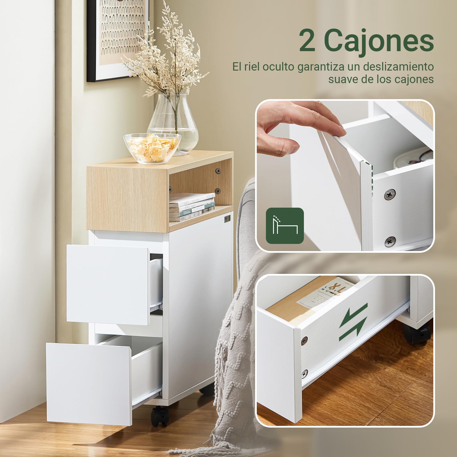 SoBuy Mesita Auxiliar Estrecha con Ruedas y 2 Cajones - Mesita de Noche Móvil para Dormitorio/Salón, Mueble con Ruedas Blanco Natural 50x20x61cm FBT155-WN