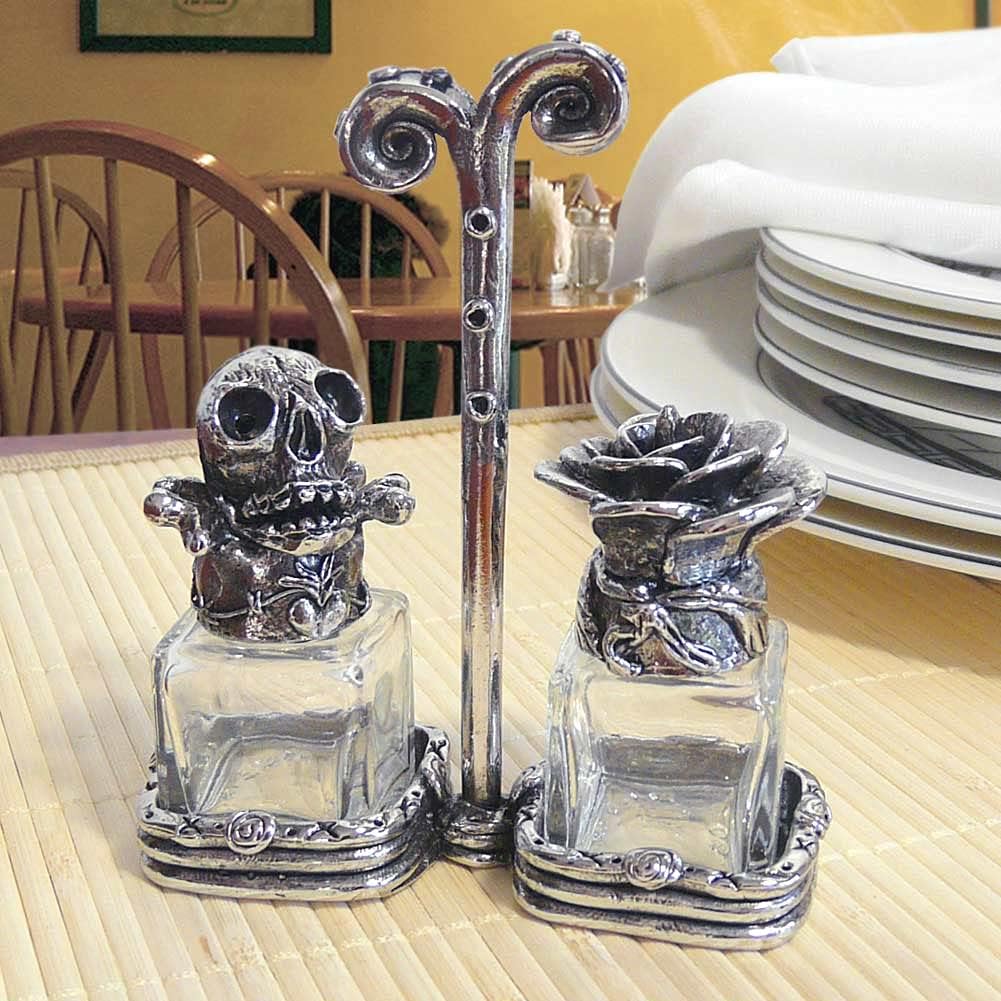 Skull and Rose Pewter & Glass Salt & Pepper Shaker Set, Made in the USA