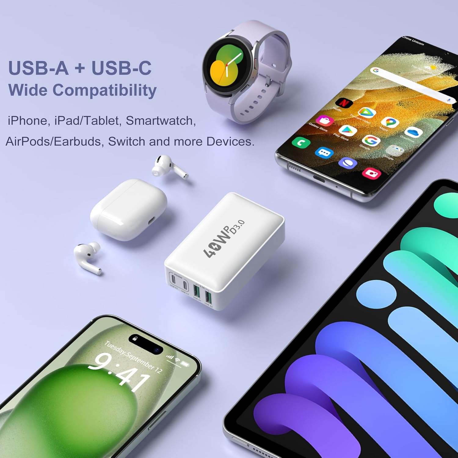 Flat USB C Wall Charger, OKRAY 3-Pack 40W 4-Port PD3.0&QC3.0 Fast Charging Blocks Slim USB A+USB C Charger Multiport Power Adapter Foldable Plug for iPhone 17 16 15 14 13 12 Pro, iPad, AirPods, iwatch - Image 7