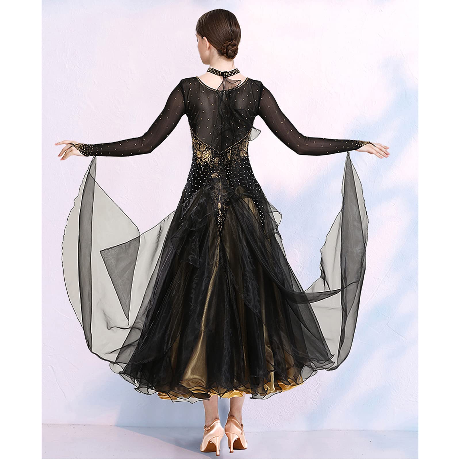 Abiti da Ballo da Sala A Maniche Lunghe Abbigliamento da Competizione National Standard Salsa Valzer Scollo Rotondo Costumi da Spettacolo Moderno Flamenco Strass Luccicanti,B,M