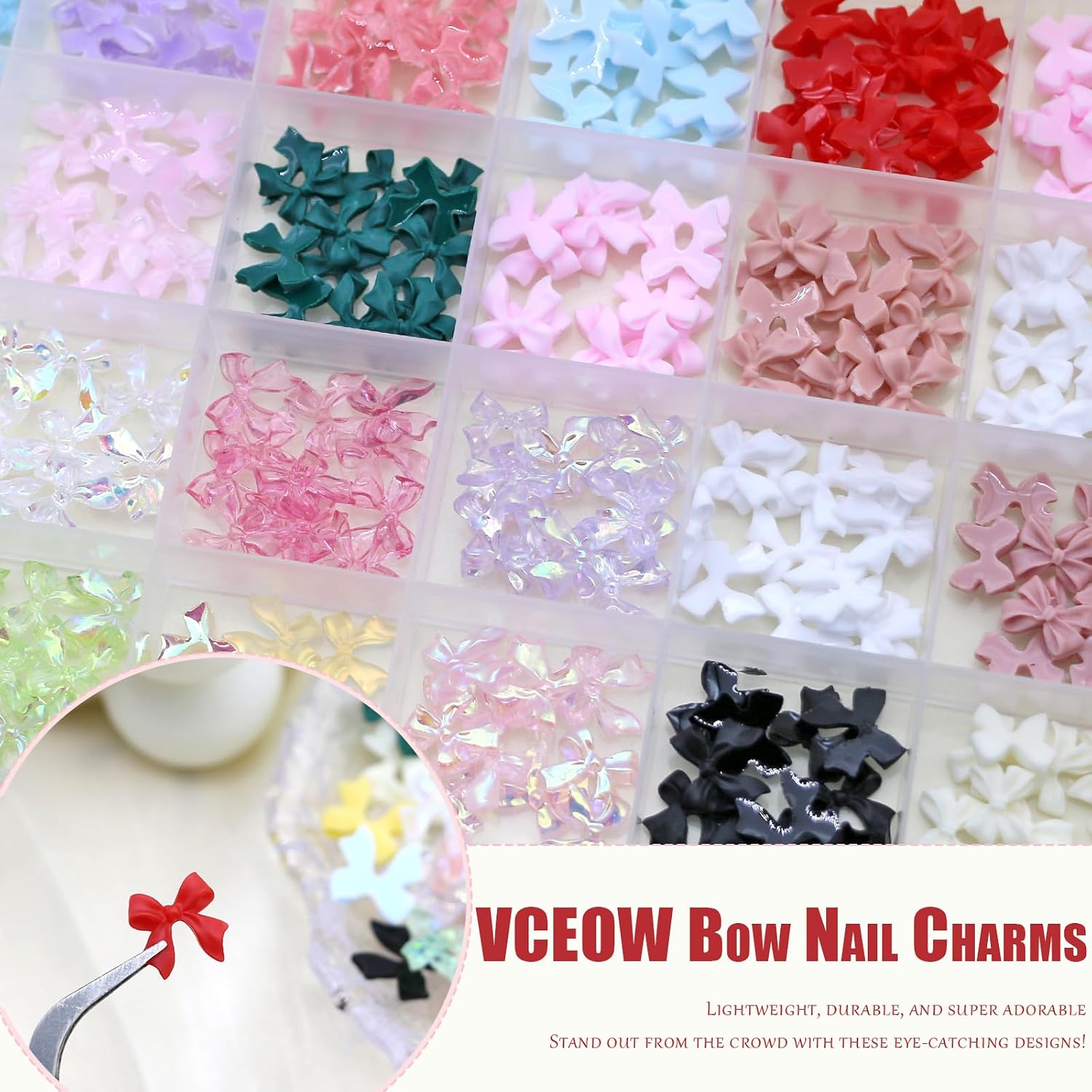 3D Bow Nail Art Charms, 24grids Cute Colorful Nail Accessories with Pickup Tools Kawaii Flatback Y2k Nail Art Decor for DIY Manicure Crafts Design Jewelry Making