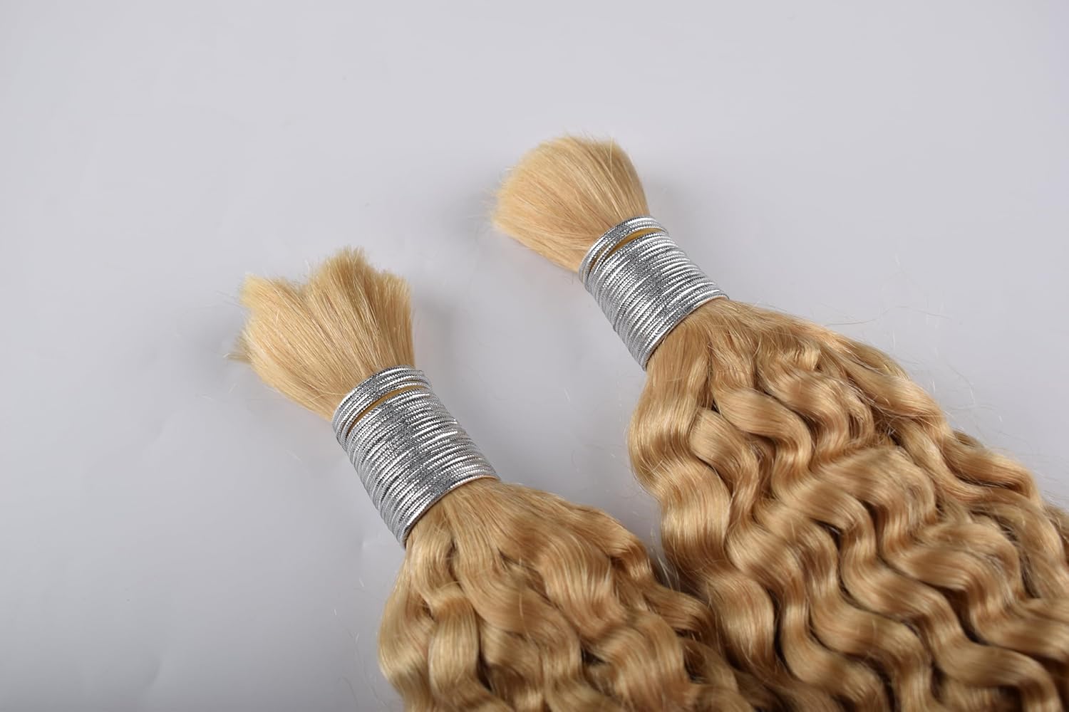 Premium Blonde Deep Wave Hair Extensions, Honey Gold Color, Silver Band Detail, Curly Human Hair Wefts, 3 Bundle Pack