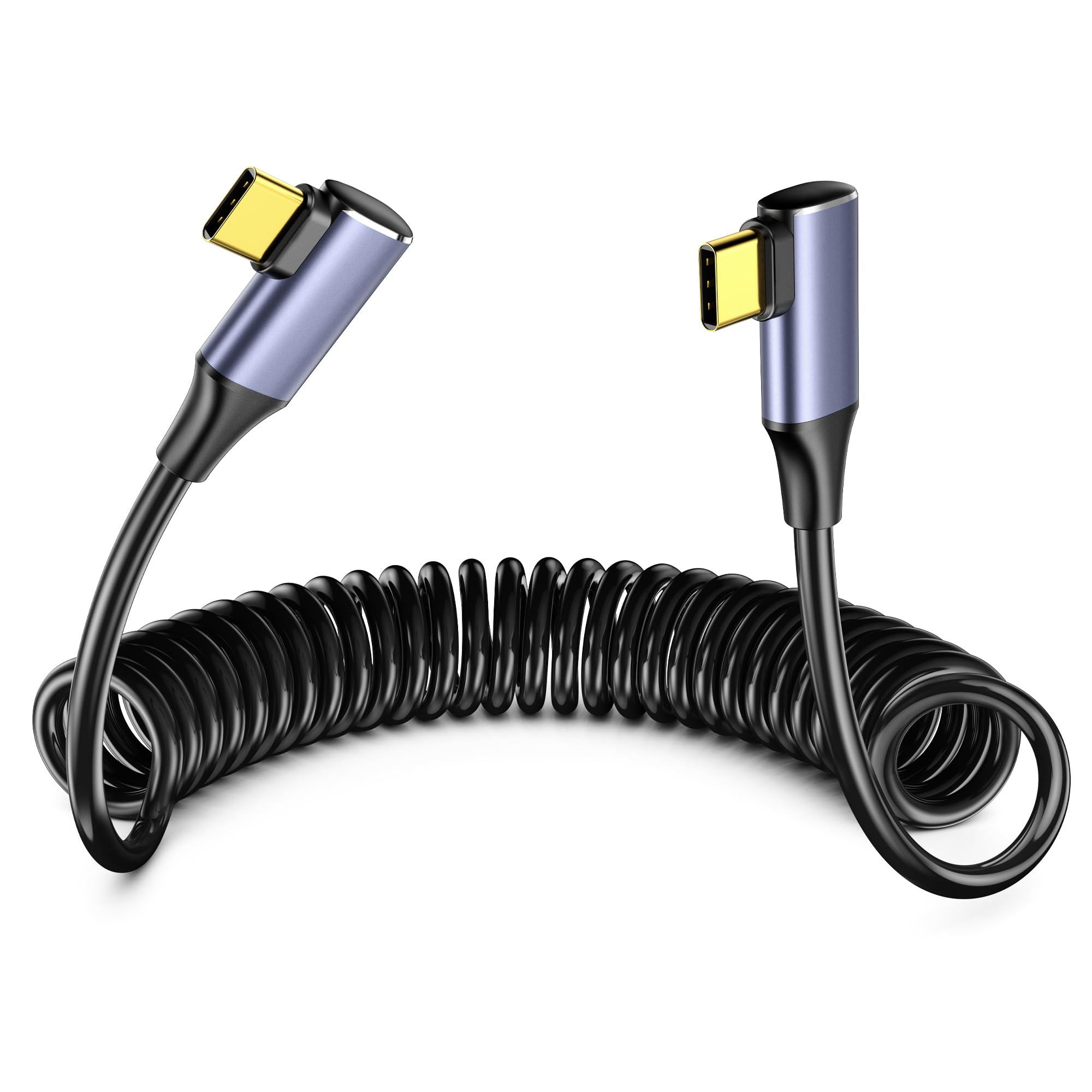 USB-C 充電ケーブル PD100W急速充電 伸縮スプリング式 両端L字型USB C ケーブル 短いタイプCケーブル 車載・デスク用480Mbps データ転送 PVC被覆 耐屈曲・耐久 対応iPhone 17/16/15・iPad・MacBook・CarPlay (0.3m)
