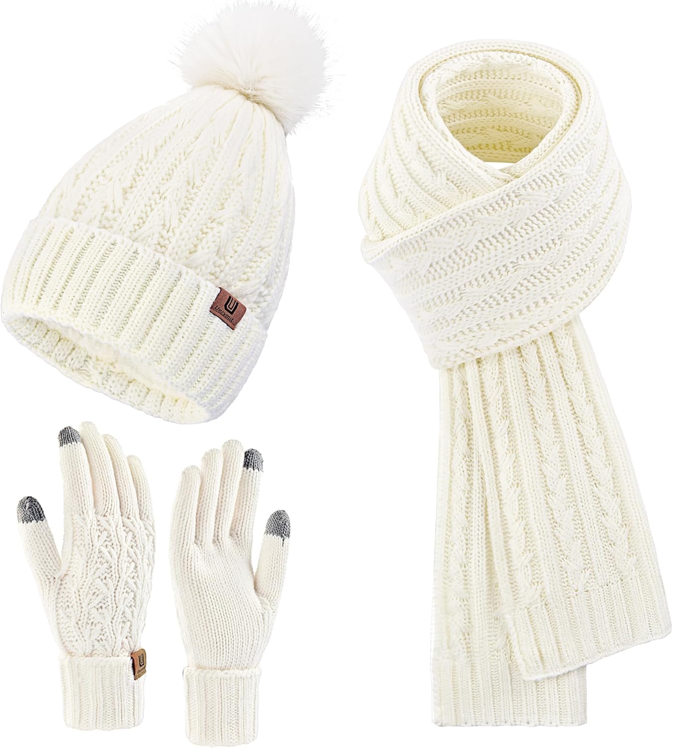 Womens Winter Warm Beanie Hat Long Scarf Touchscreen Gloves Set with Fleece Lined Skull Pom Caps 3 in 1 Set for Gift