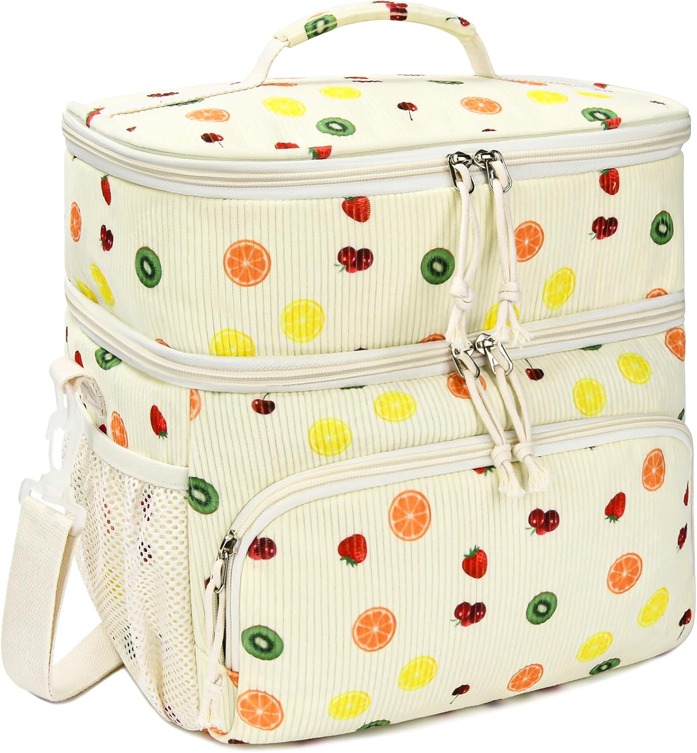 HowFly Corduroy Insulated Lunch Bag Box for Women Men - Double Deck - Soft Reusable Thermal Portable Cooler Tote Bag for Work Travel, Fruits