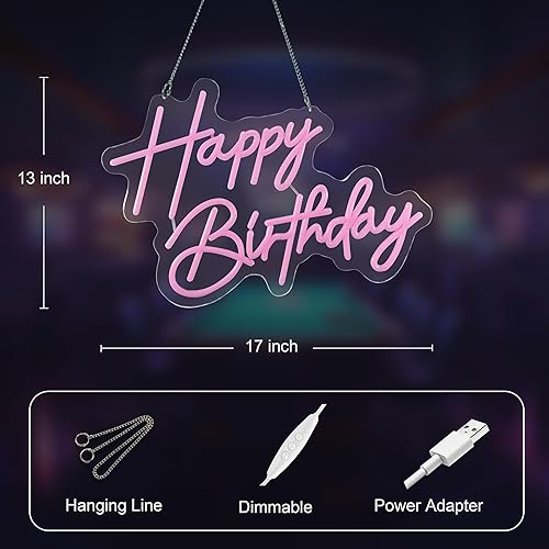 Miniatura 24 de 28 x 6 pulgadas, letrero de neón de feliz cumpleaños, luces de pared para cerveza, bar, club, dormitorio, hotel, pub, cafetería, boda, fiesta