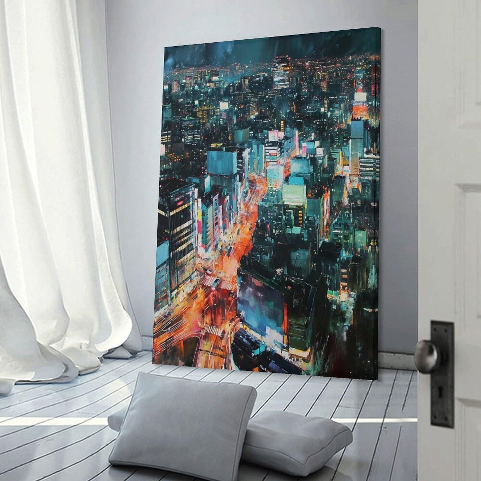 Junmoney Night Cityscape Painting Decorative Canvas Print, 12x18inch(30x45cm), for Gallery Wall Decor And Room Displays, Wall Decor Suited to Curated Displays