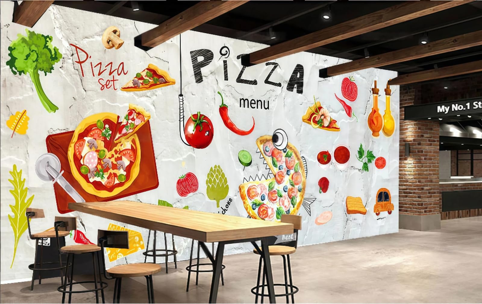 rskjdghshd Wallpaper Cement Wall Hand-Painted Cartoon Pizza Gourmet Theme Shopping Mall Western Restaurant Background Wall Mural Afternoon Tea Coffee Shop Wallpaper,3D,200x140cm