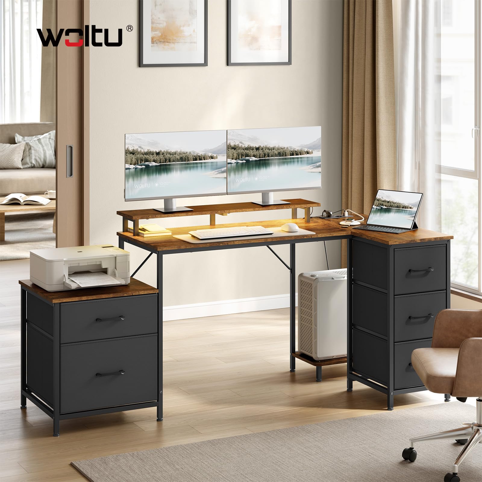 WOLTU Bureau d'angle en L avec Rangement, avec 5 Tiroirs