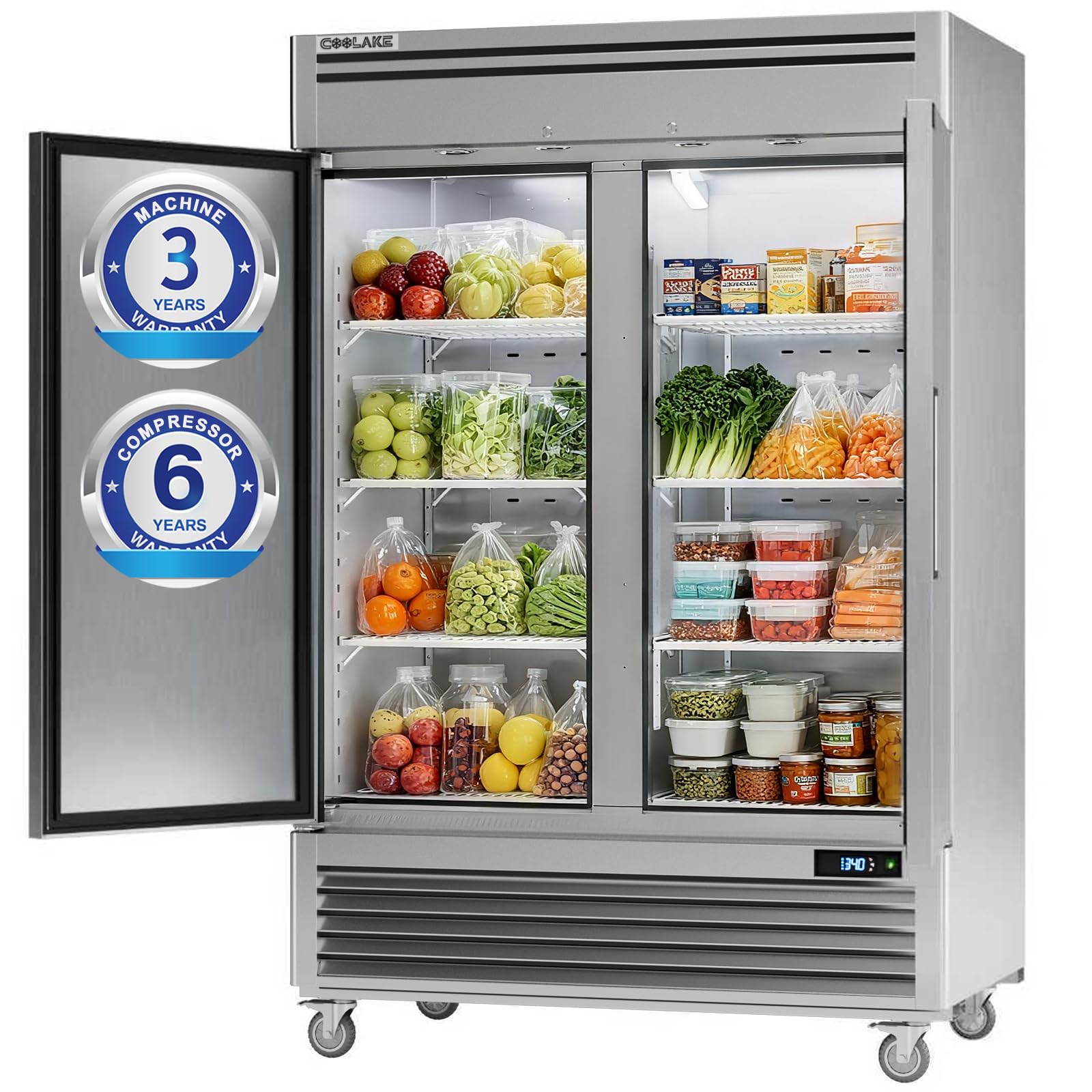 Coolake 54.4" W Commercial Refrigerator, 49 Cu Ft 2 Door Upright Refrigerator With 8 Adjustable Shelves, Frost-Free Stainless Steel Industrial Reach-In Fridge For School Restaurant Café Prep Kitchen on Fridge.com - View 1