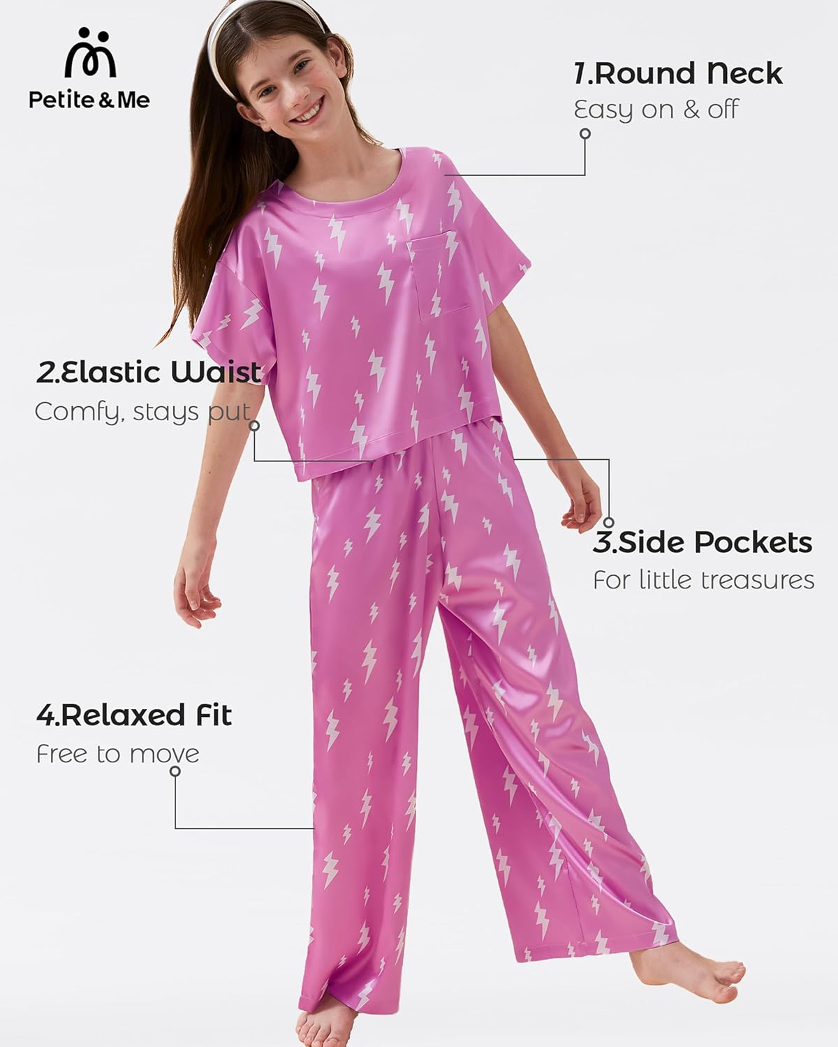 Petite&Me Silk Girls Pajamas Kids/Teens 2 Pieces Lounge Sets Short Sleeve Top & Wide-Leg Pants Soft Pjs Loungewear - Image 3