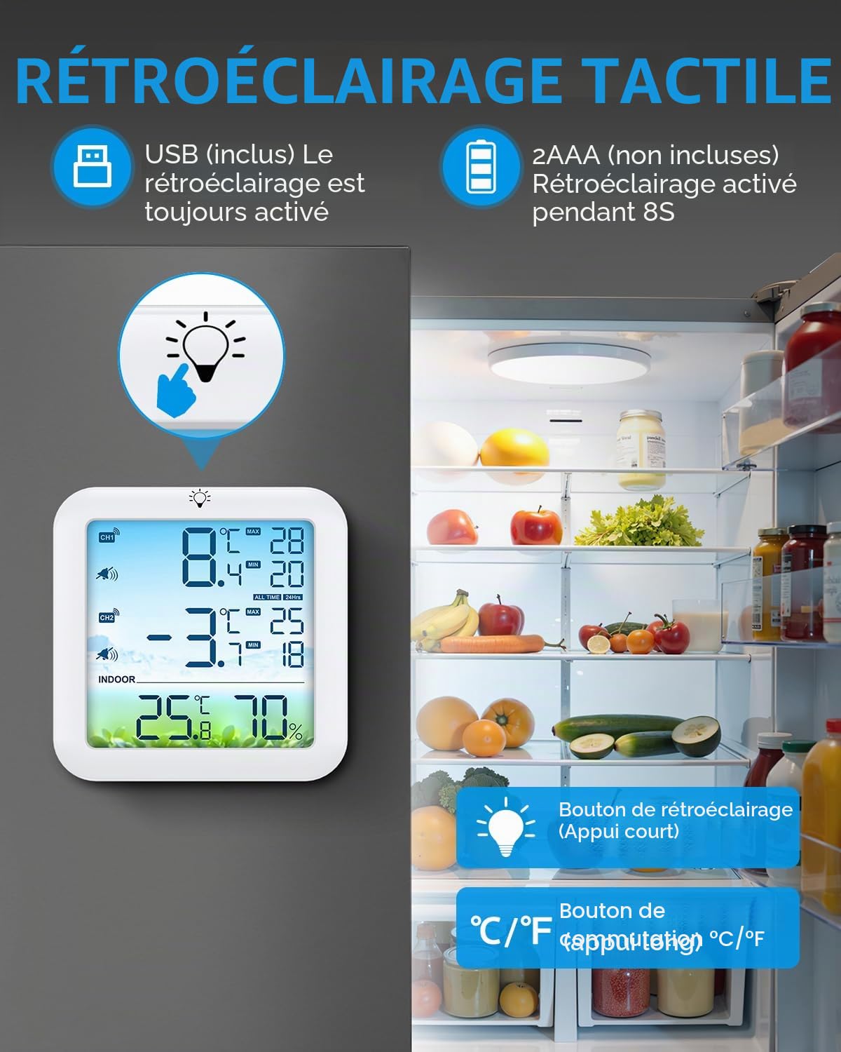Brifit Thermometre Frigo, Thermomètre Congélateur avec 2 Capteurs, Thermometre Réfrigérateur à Écran Couleur avec Alarme, Commutateur ℃/℉, MIN/MAX, Rétroéclairage Blanc pour Cuisine, Restaurants