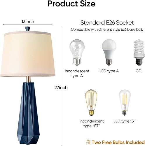 Miniatura 5 de WIHTU Juego de 2 lámparas de mesa de temperatura de 3 colores, 27 pulgadas, color azul marino, lámpara de mesa moderna para sala de estar, lámpara