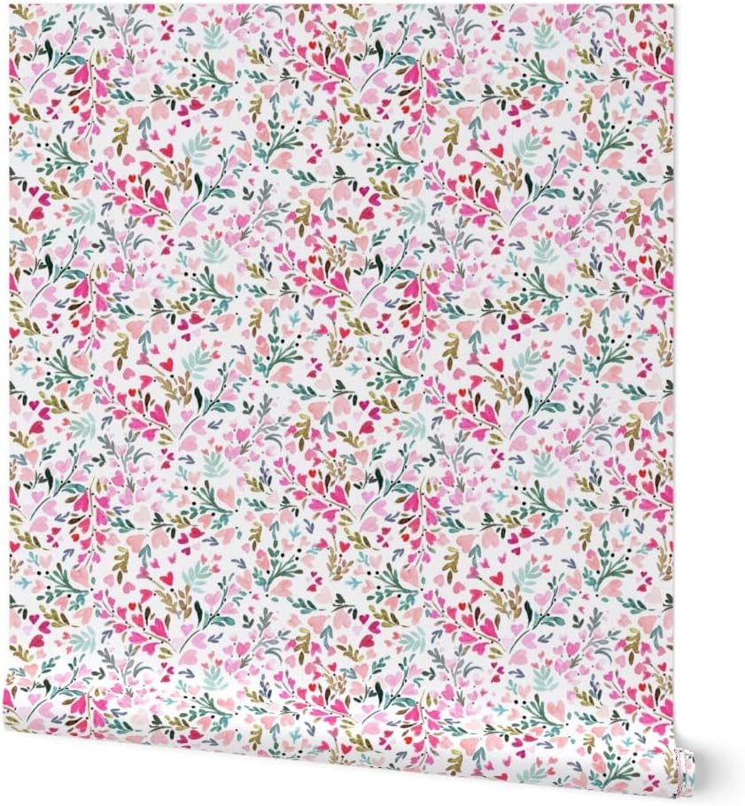 Peel & Stick Wallpaper 3ft x 2ft - Heart Floral White Flower Hearts Sweet Valentines Day Baby Girl Decor Love Custom Removable Wallpaper by Spoonflower