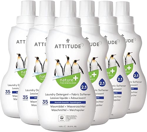 ATTITUDE Detergente líquido 2 en 1 para ropa y suavizante de telas, jabón de lavandería verificado por EWG, compatible con HE, vegano, libre de