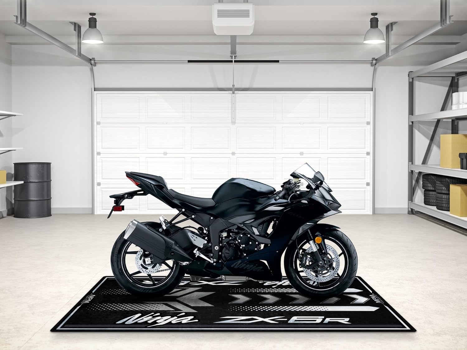 MPM Motorcycle Mat for ZX-6R Washable Non - Slip Oil & Water Resistant Parking Pitmat for Garage, Showroom, Workshop U | Metallic Flat Spark Black - Ebony - Size 1: 86.6 x 39.4/220 x 100 cm