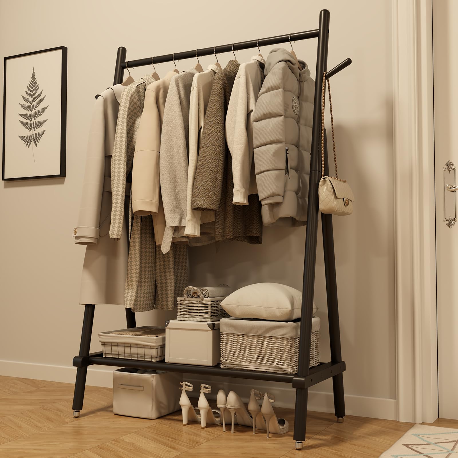 AQIMUELE Clothes Rail, Clothes Rack with Shelf and Hook, Sturdy and Portable, Garment Rack for Hanging Clothes, Coats, Skirts, Shoes, Bags for Bedroom Entryway, Easy to Assemble (Black - Portable)