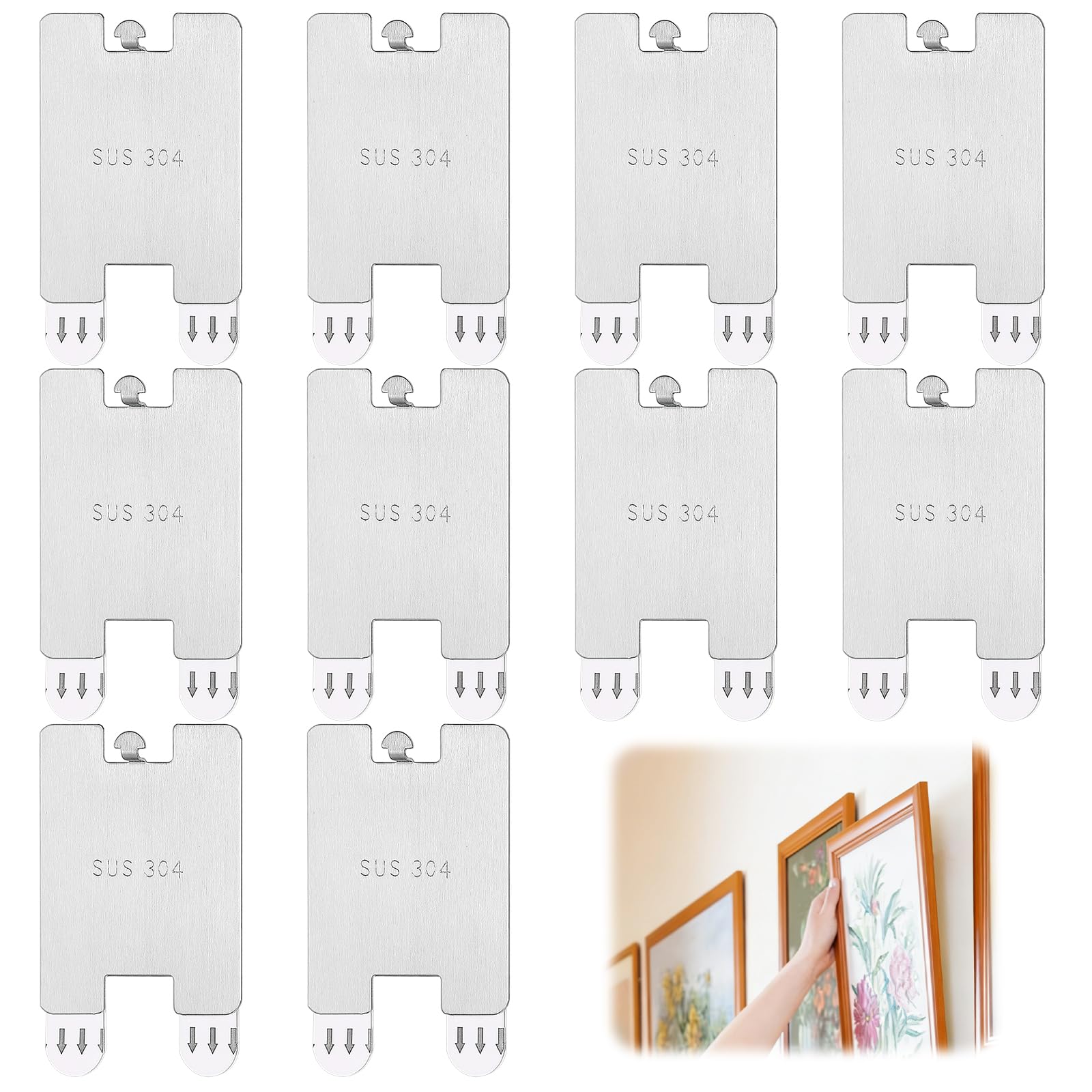 10 Pack Adhesive Picture Hooks No Nails, Damage-Free Wall Hangers with Removable Strips, Heavy Duty Stainless Steel Picture Hangers for Frames, Photos, Wall Art & Home Decor