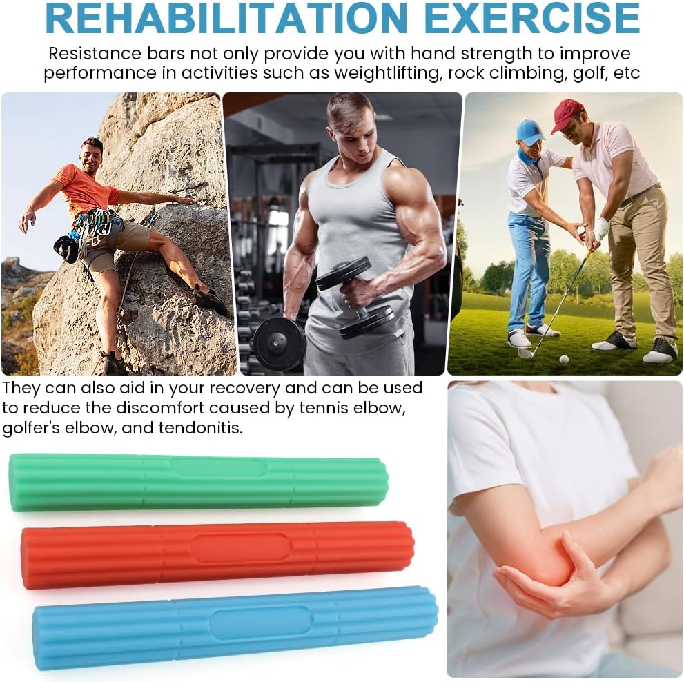 3 Pcs Flex Resistance Bars,Twist Obstruction Hand Grip Strength Trainer Resistance Bars for Golfers Elbow Tendonitis Wrist and Forearms Pain Relief(Light Green Blue Orange)