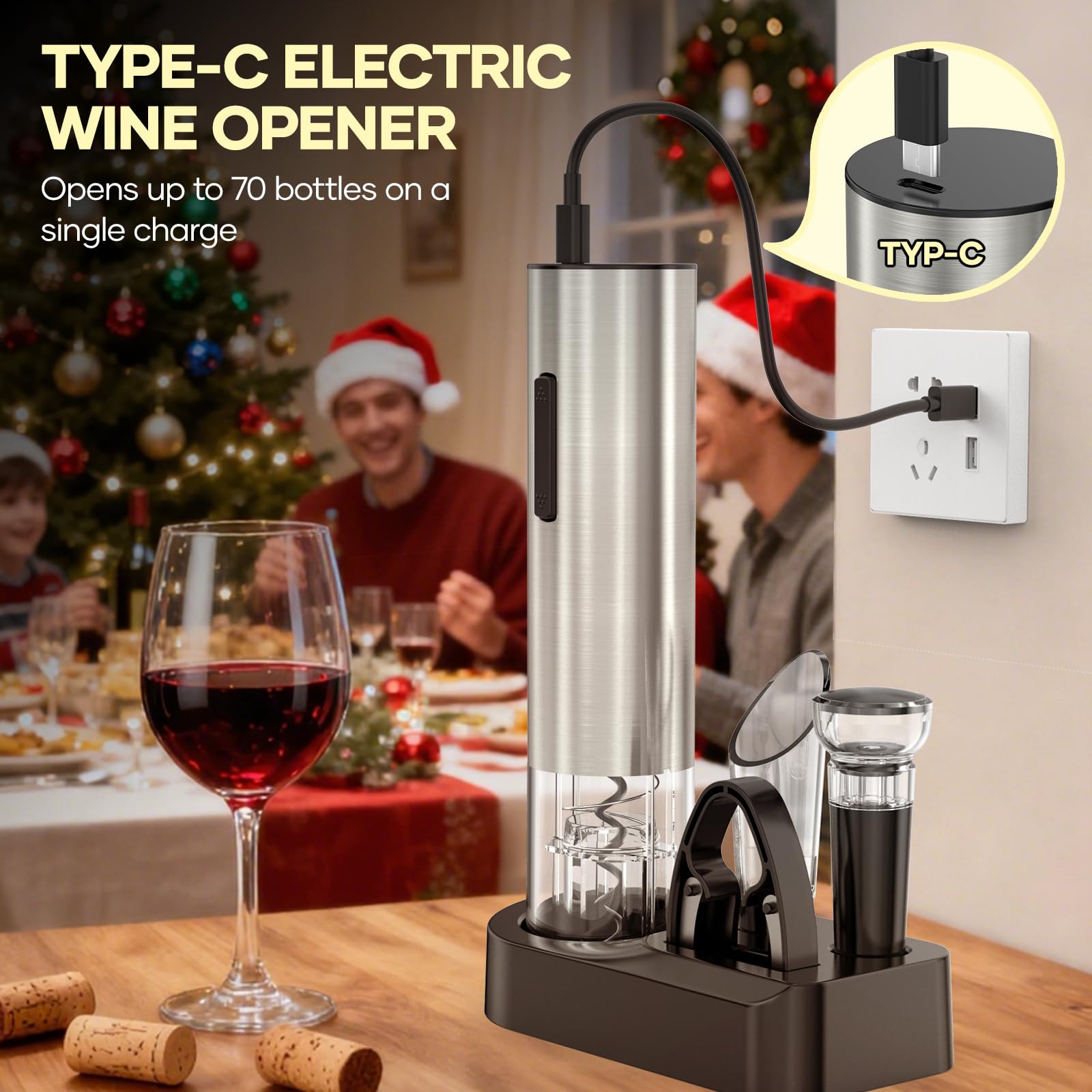 Cavatappi Elettrico Automatico 6-in-1, Apribottiglie per Vino con Tagliacapsule, Pompa a Vuoto e Versatoio, Ricaricabile USB