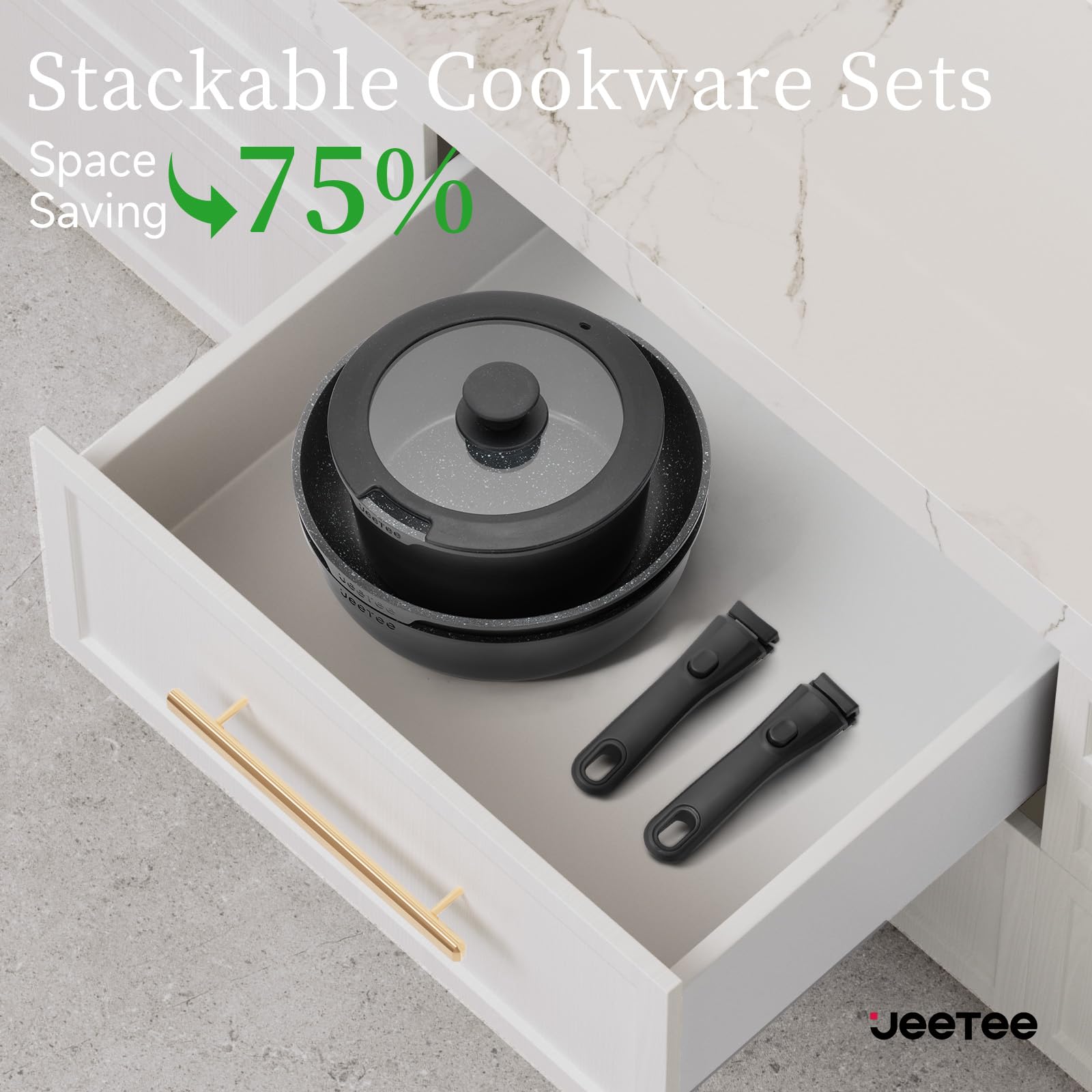 JEETEE Pots and Pans Set Non Stick 17pcs, Kitchen Cookware Sets with Detachable Handle, Induction Nonstick Cookware Set with Removable Handle, Stackable RV Cookware, Oven Safe, PFAS/PFOA Free, Black