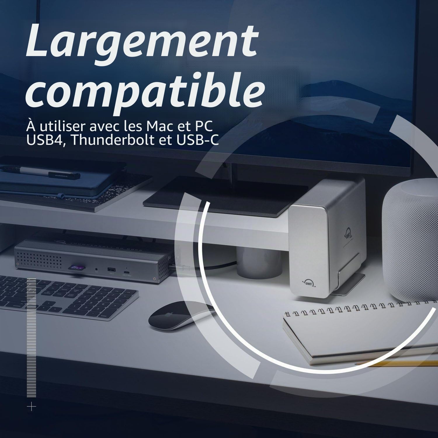 OWC Express 4M2 USB4 Boîtier 4 emplacements NVMe M.2 2230/2242/2280 SSD | Jusqu'à 3200Mo/s | Raid 0/1/4/5/10/JBOD | Compatible Mac/PC | Aluminium | Silencieux | Câble USB-C Inclus | sans SSD