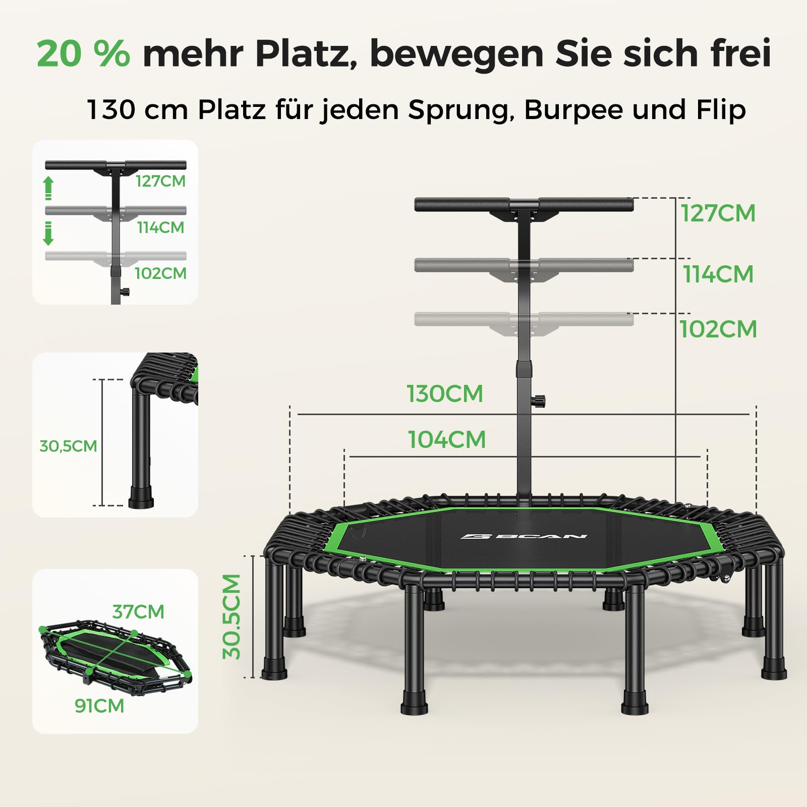 BCAN Achteckiges Indoor-Fitness-Trampolin, 130cm, Trampolin für Erwachsene bis 205 kg, mit verstellbarem T-Griff und großer Sprungfläche, stoßdämpfend und geräuscharm