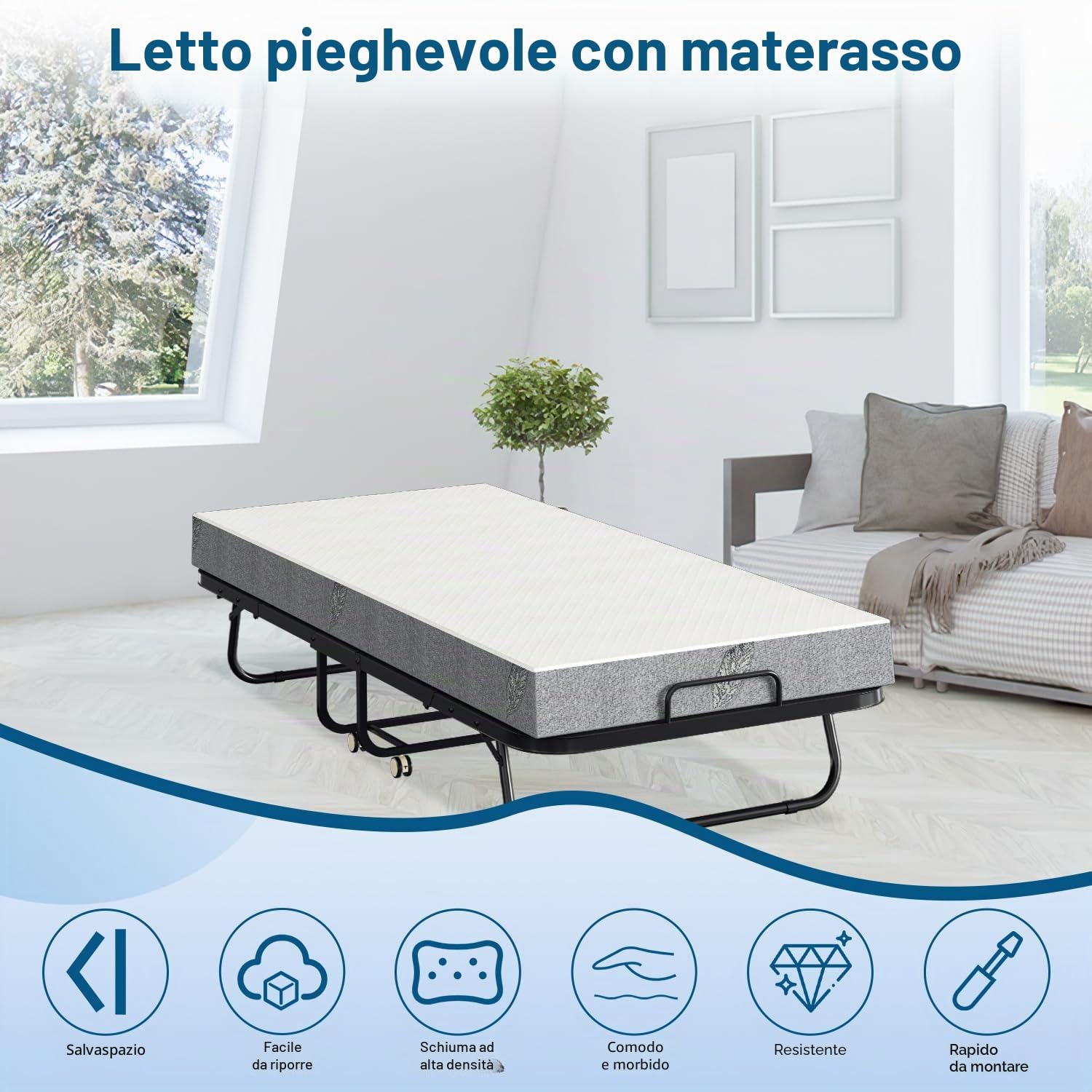 ISOSIL Letto Pieghevole 90 x 200 cm, con Materasso in Schiuma da 13 cm, Telaio in Acciaio al Carbonio, Ruote, Portata 200 kg