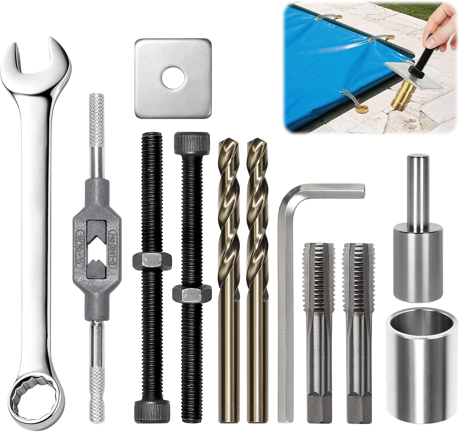 12 PCS Complete Pool Cover Anchors Removal Tool Kit, Including Tap Wrench and Hex Wrench, for Efficient Removal and Installation of Swimming Pool Brass Anchors