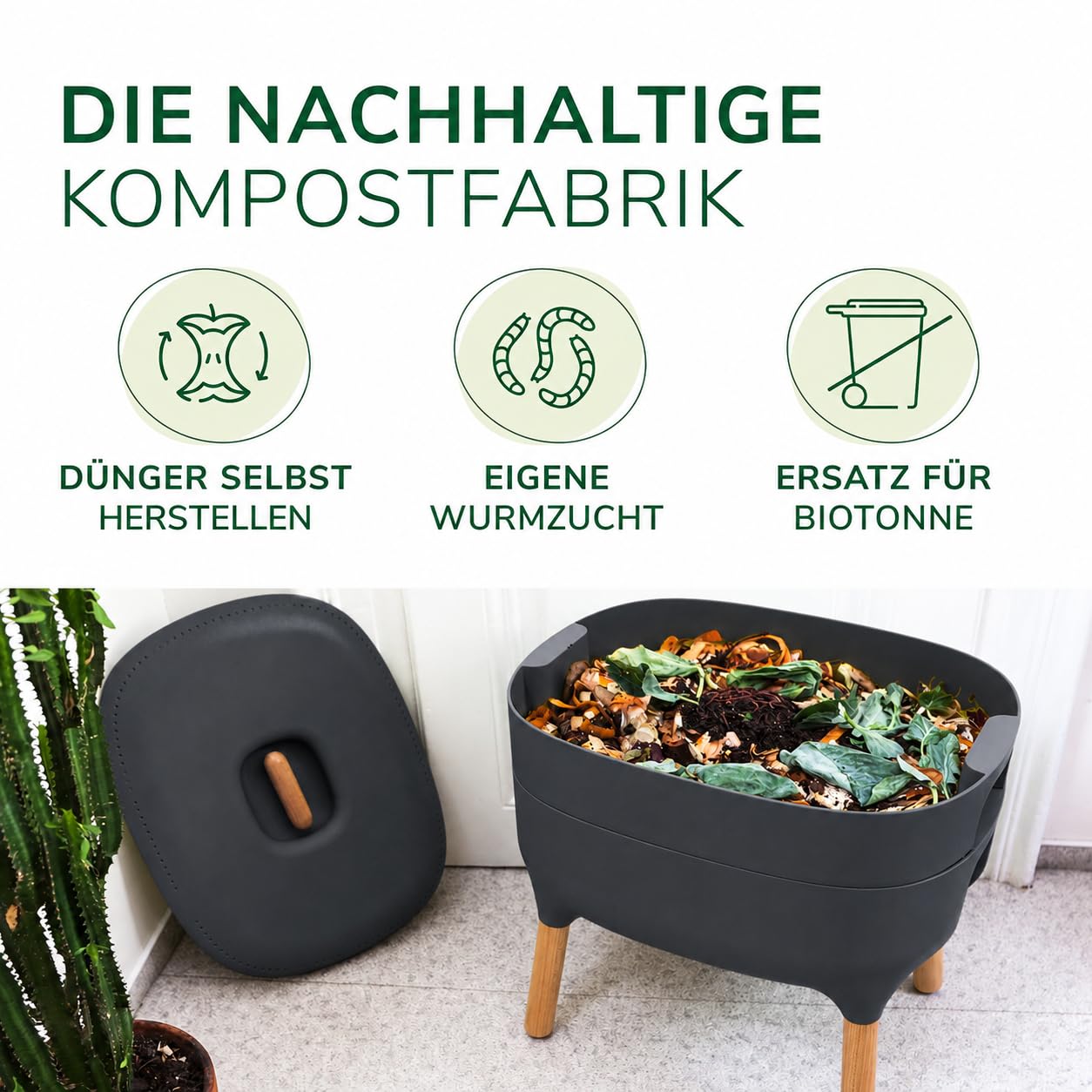 Design-KOMPOSTER - WURMKOMPOSTER - KOMPLETT-Set mit 1000 KOMPOSTWÜRMERN & Zubehör I Jetzt Küchenabfälle kinderleicht in Pflanzen-Dünger umwandeln I Wurmkiste - Wurmfarm für Küche, Balkon und Garten