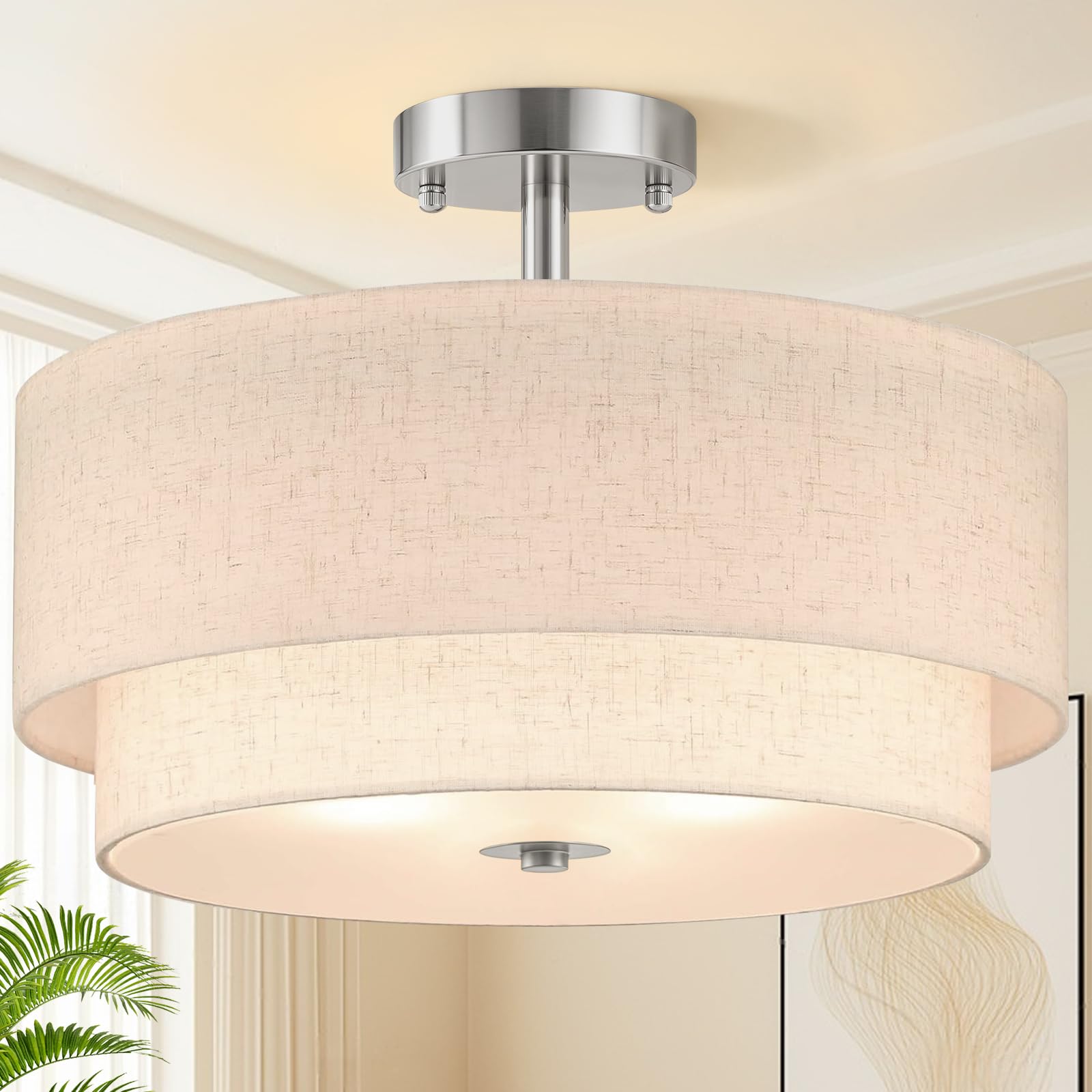 Semi Flush Mount Ceiling Lights, 16In Fabric Drum Linen Shade Ceiling Light