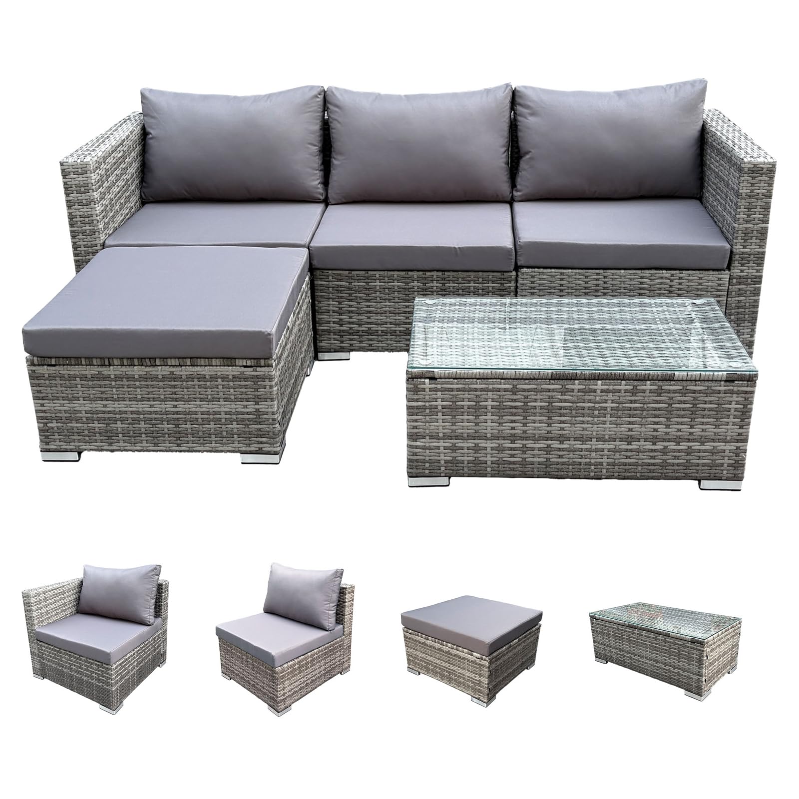 SVITA Queens Gartenlounge 5-teilig Polyrattan Lounge Set wetterfest Garten Terrasse Balkon inkl. Kissen Glas Tisch Grau