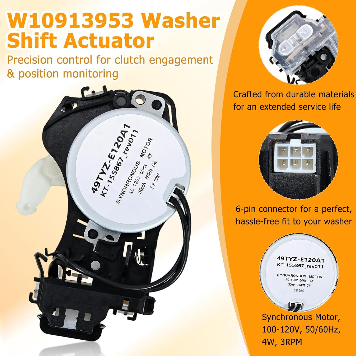 W10913953 49tyz-e120a1 Washer Shift Actuator with W10721967 Pulley Clutch and W10006384 Drive Belt Kit by MKZTM - Compatible with Whirlpool Kenmore Maytag Amana Washing Machines
