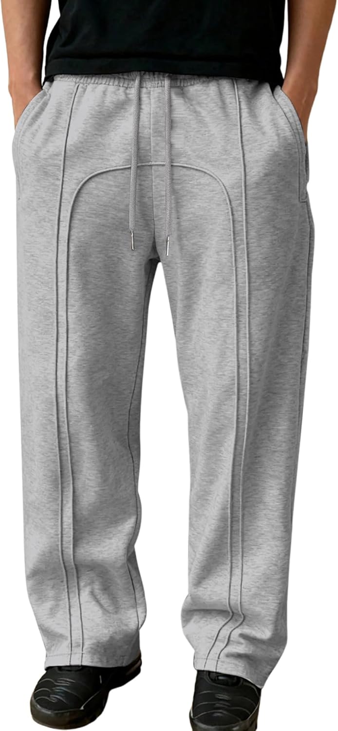 JMIERR Men's Casual Baggy Wide Leg Pants Side Stitch Detail Lounge Travel Streetwear Pants with Pockets