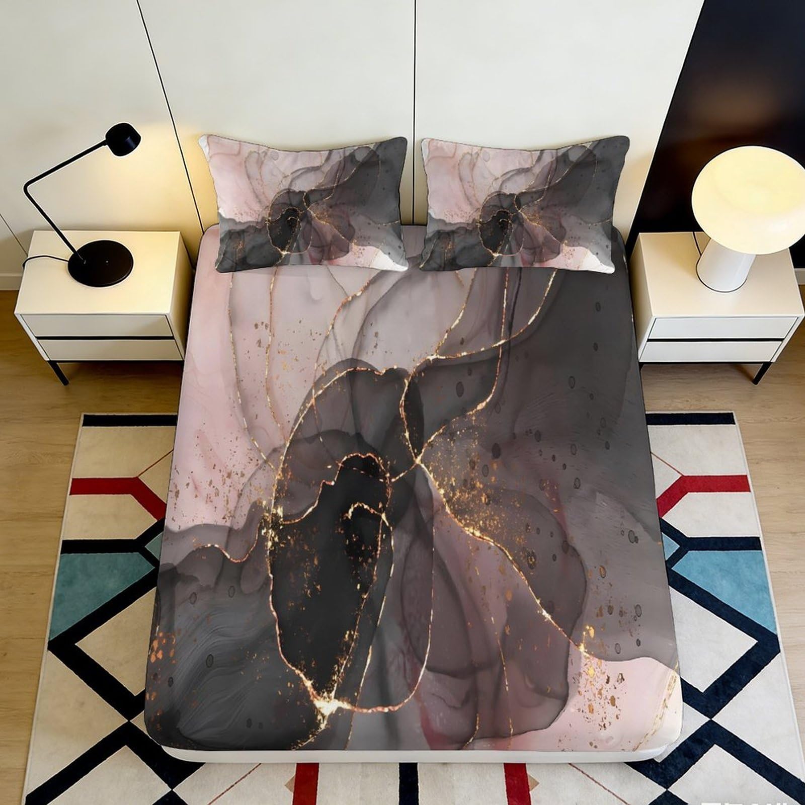 3D Printed Abstract Marble Fitted Sheet Microfiber Soft Easy Care Black Gold Bed Sheet for Bedroom Decor 90x200x25cm