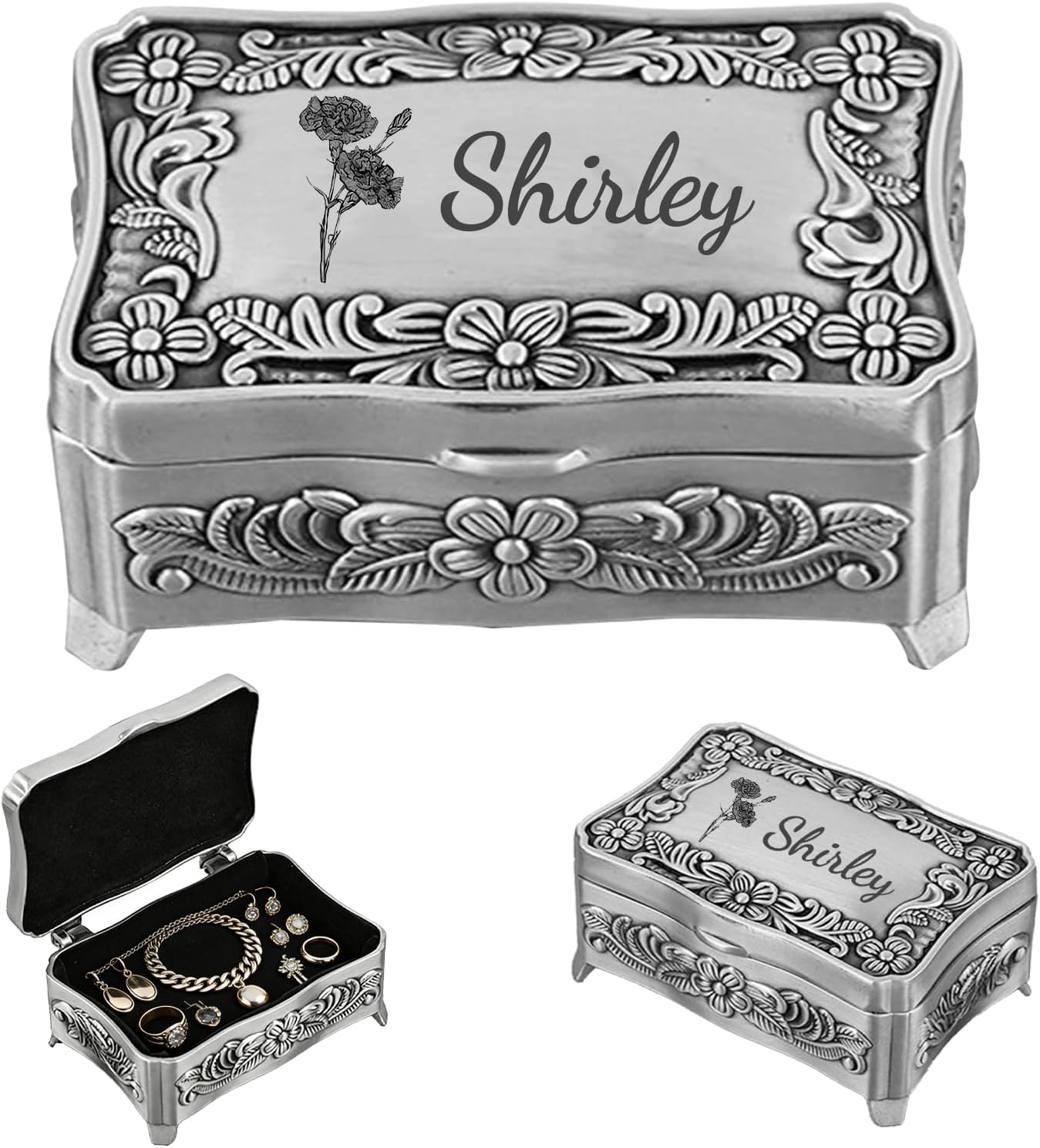 Personalized Jewelry Box, Custom Engraved Vintage Trinket Box with Name, Metal Jewelry Storage Organizer for Rings/Earrings, Anniversary Valentine’s Day Keepsake Gifts for Couples & Women (Style2)